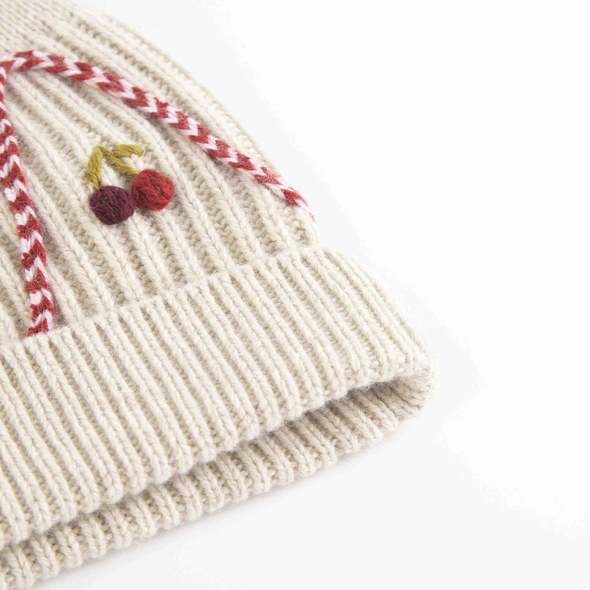 Girls Beige Cherry Embroidered Wool Hat