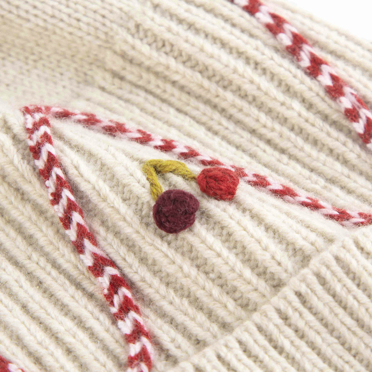 Girls Beige Cherry Embroidered Wool Hat