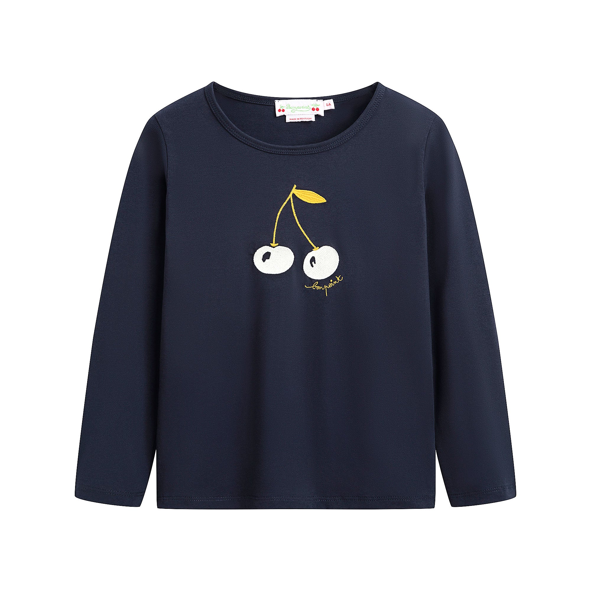 Girls Navy Cherry Printed Cotton T-Shirt