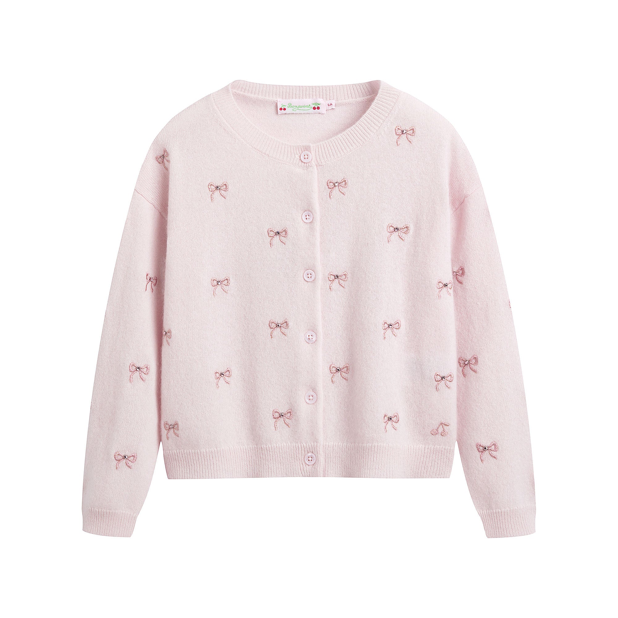 Girls Pink Embroidered Bow Cashmere Cardigan