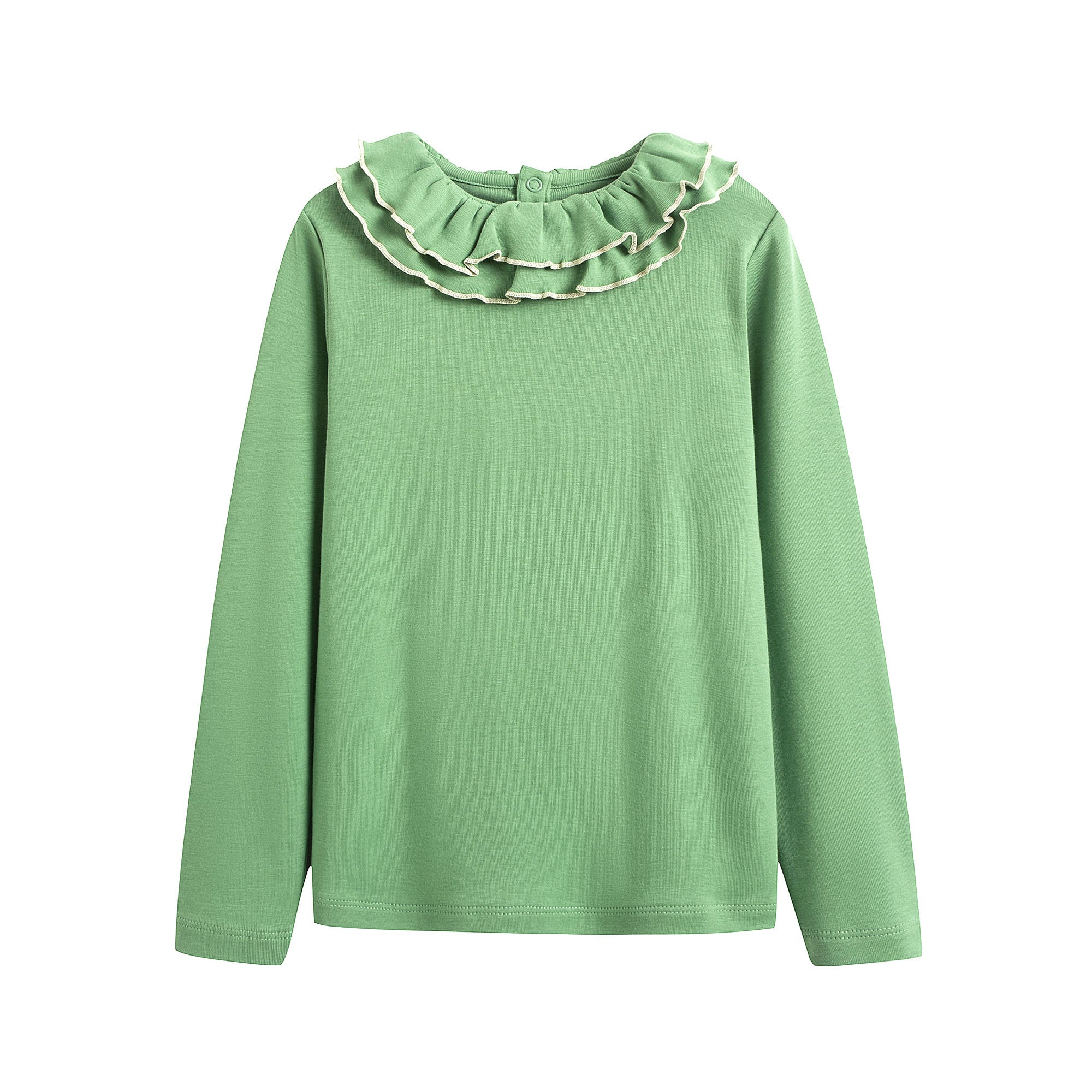 Girls Green Ruffled Cotton T-Shirt