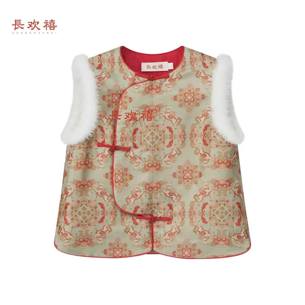 儿童浅绿色"⻢踏春⻛"夹棉马甲