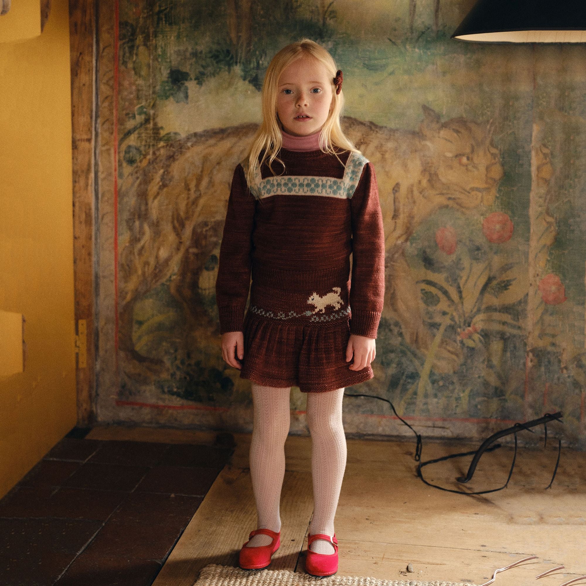 Girls Brick Red Cat Wool Skirt