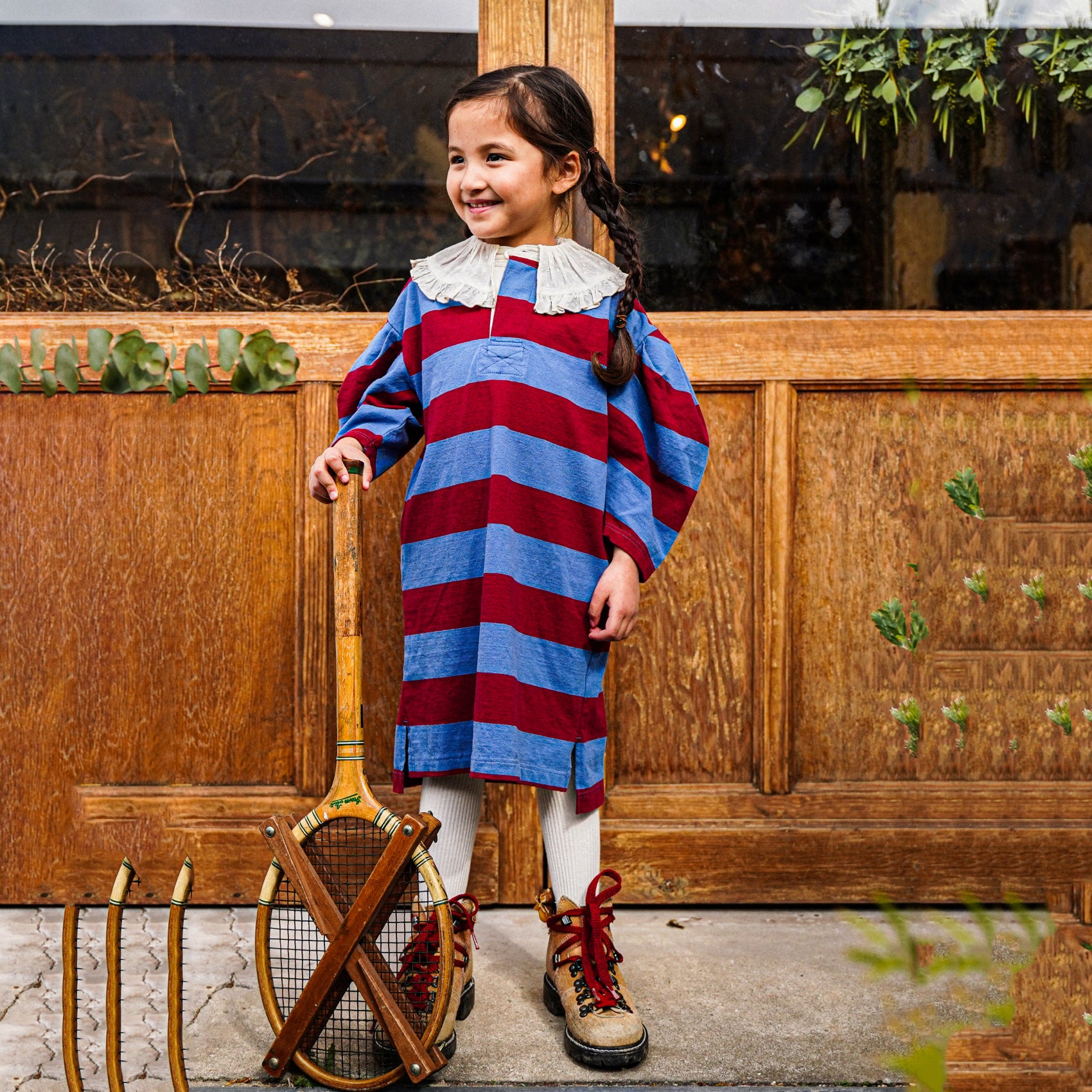 Girls Wine Red Stripes Cotton Dress