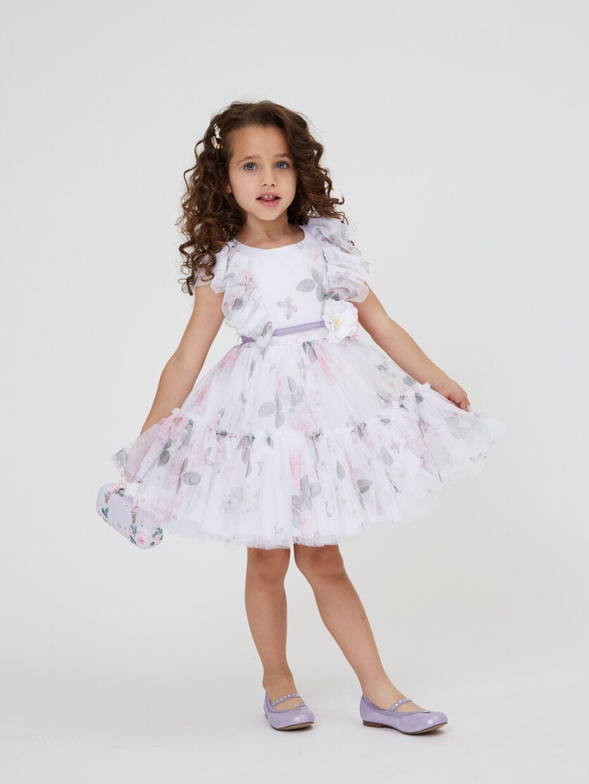 Monnalisa Girls Floral Tulle Dress in White