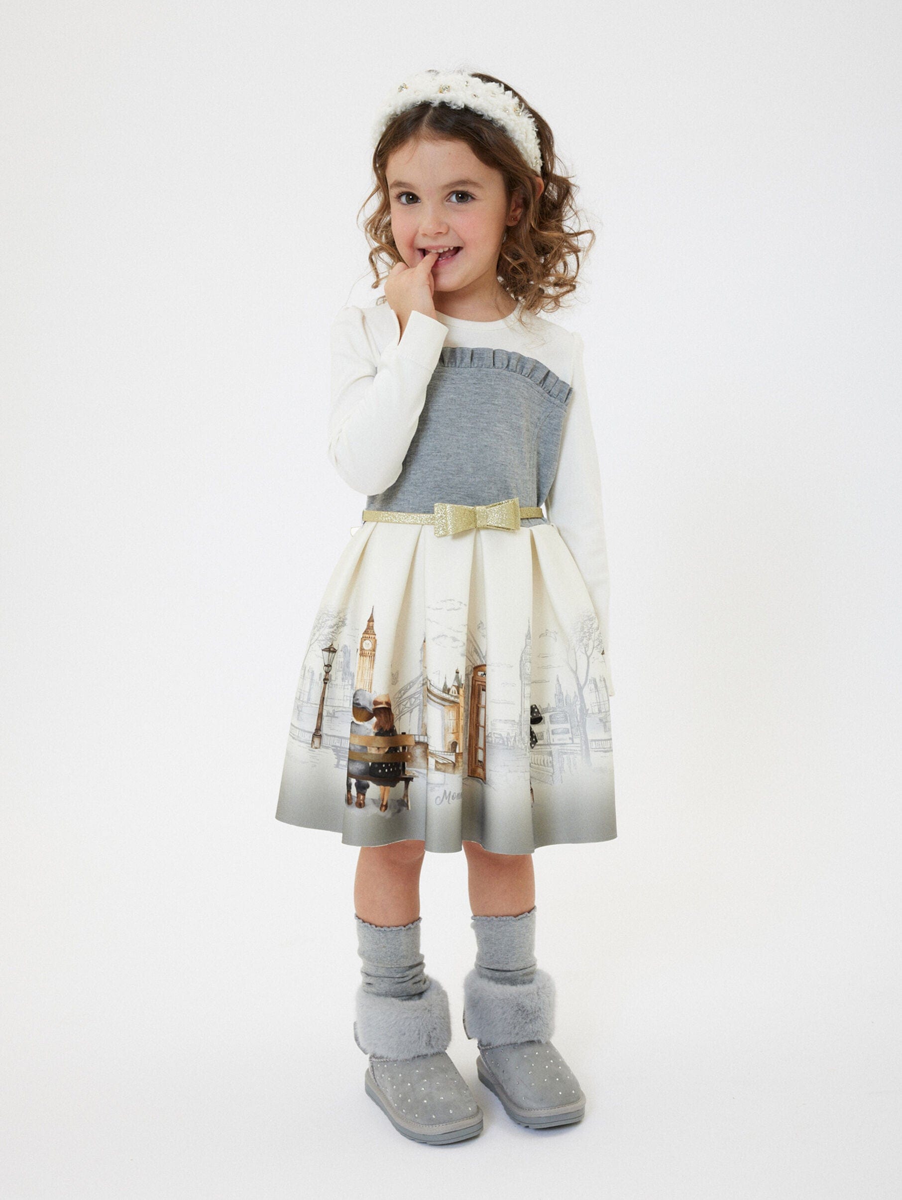 Monnalisa Girls Neoprene Romantic London Dress in Ivory