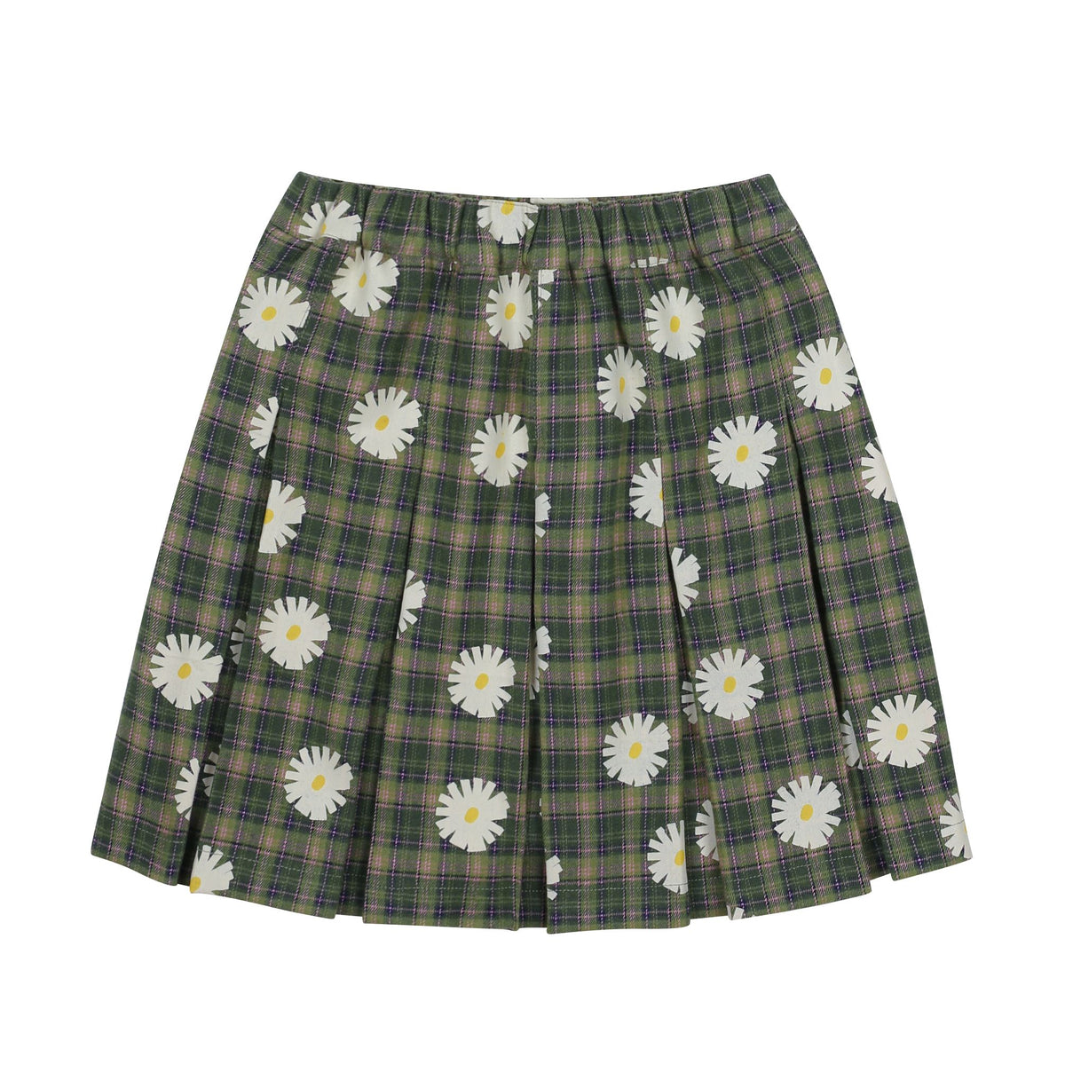 Girls Green Daisy Printed Pleated Skirt