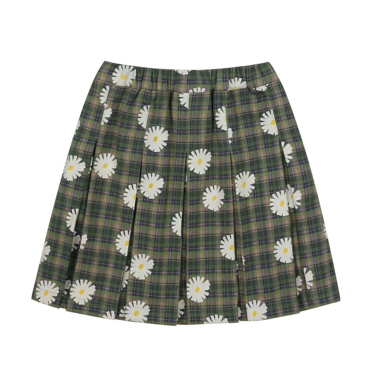 Girls Green Daisy Printed Pleated Skirt