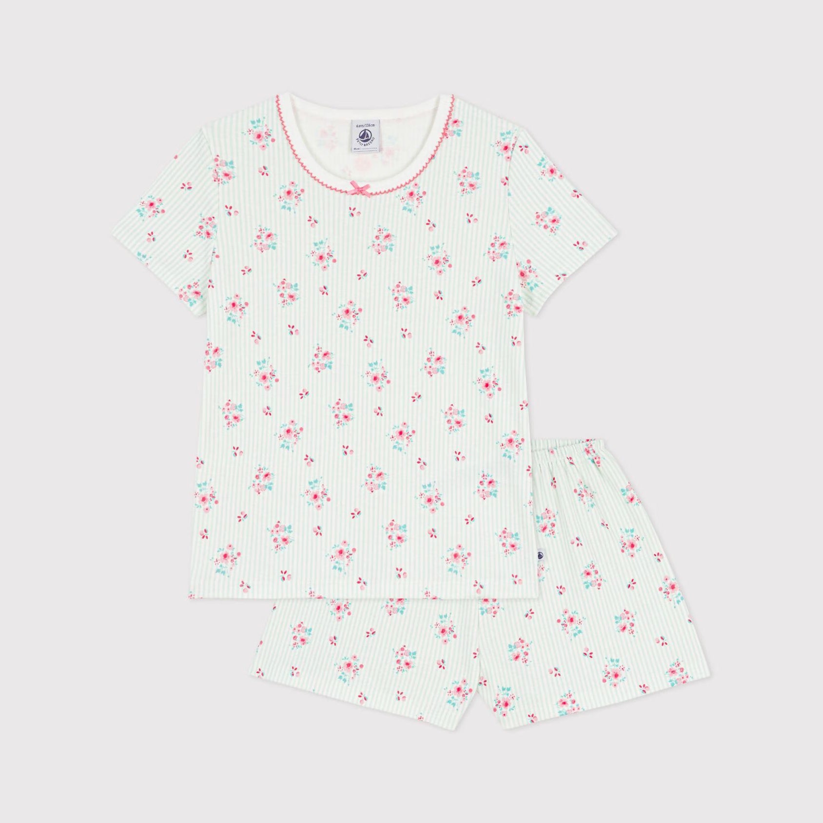 Girls Light Green Stripes Floral Cotton Nightwear Set