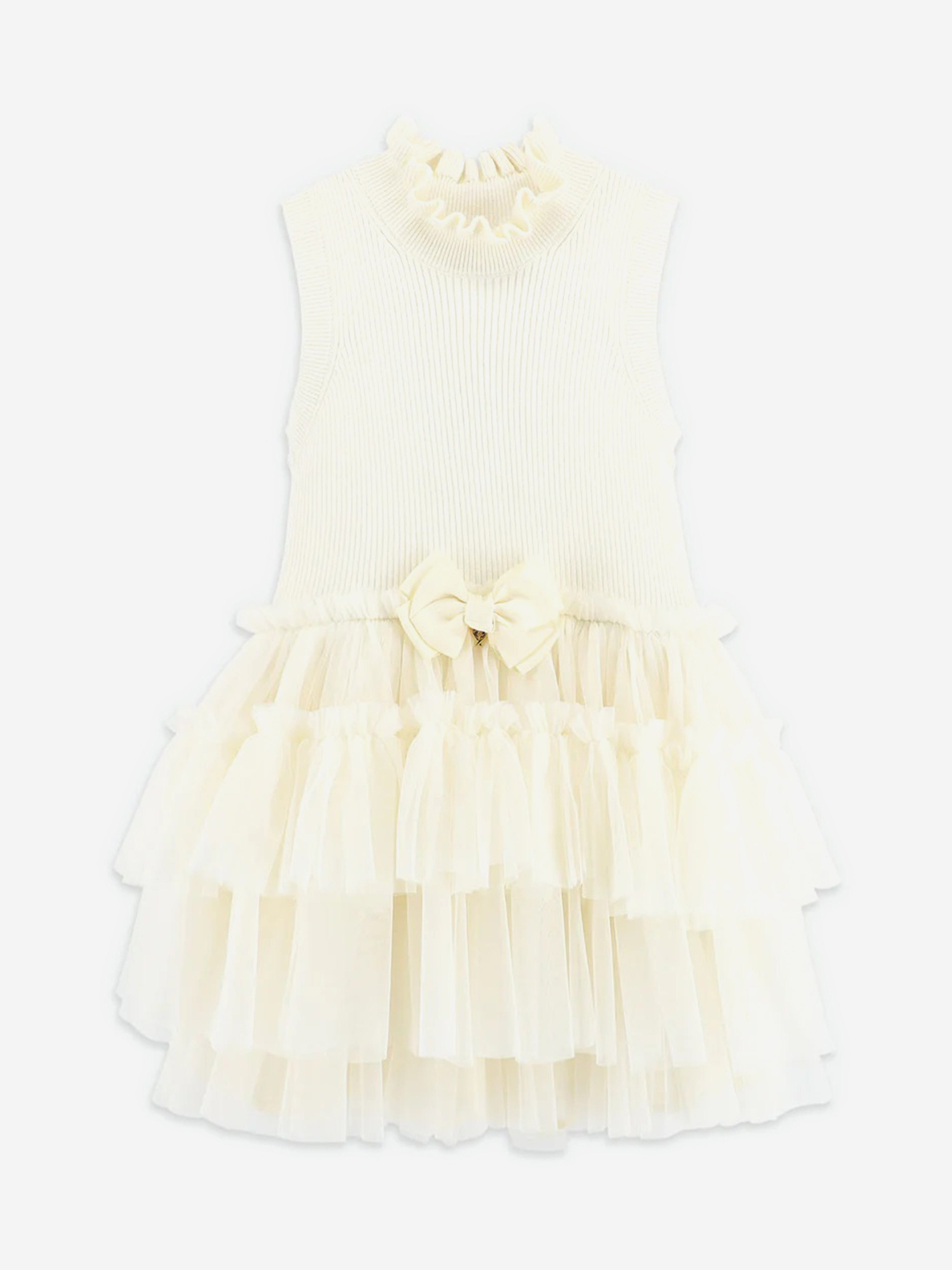 Girls Eunice Sleeveless Knit With Tulle Dress in Ivory