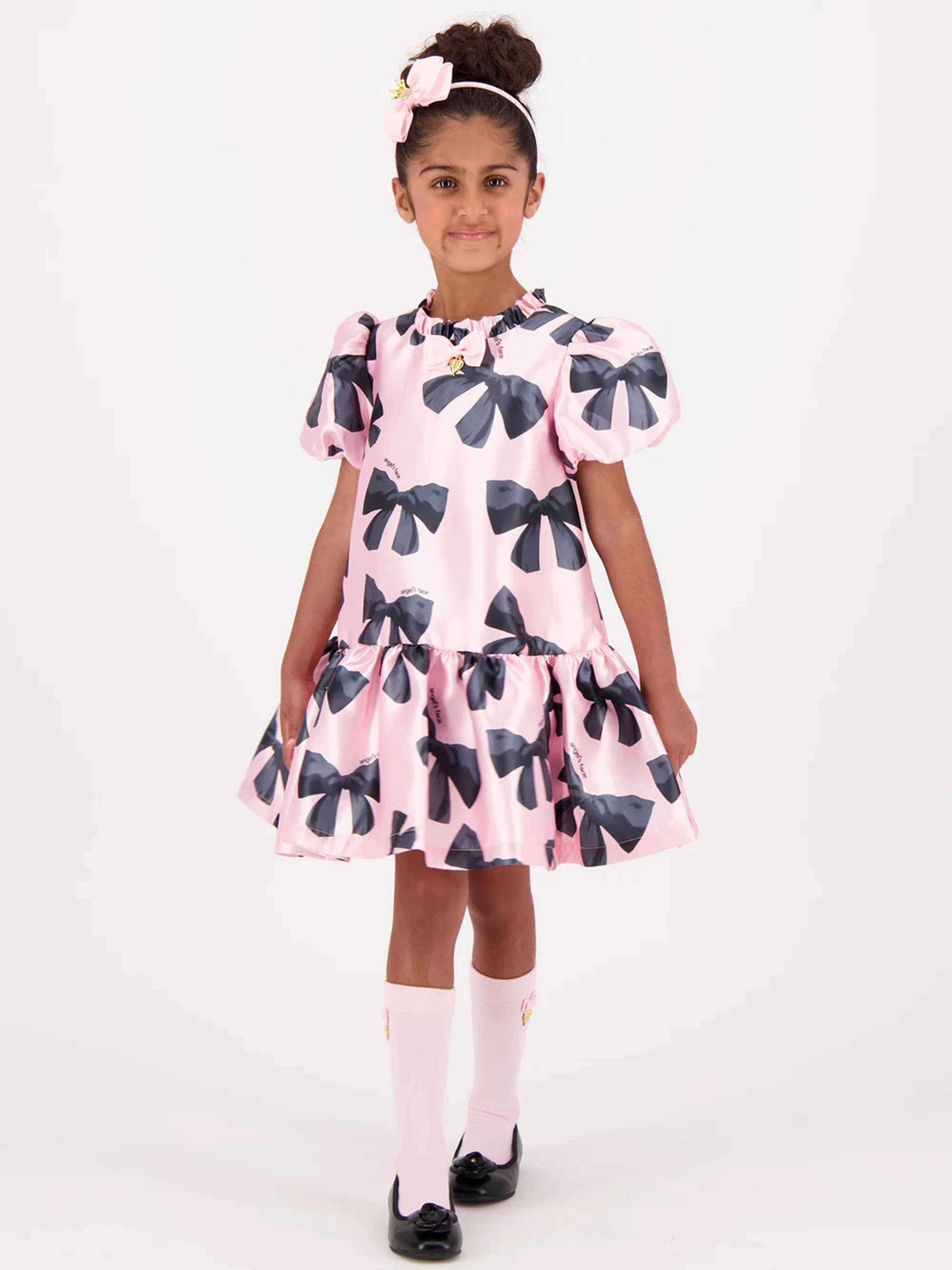 Girls Kaley Bow Print Dress in Pink