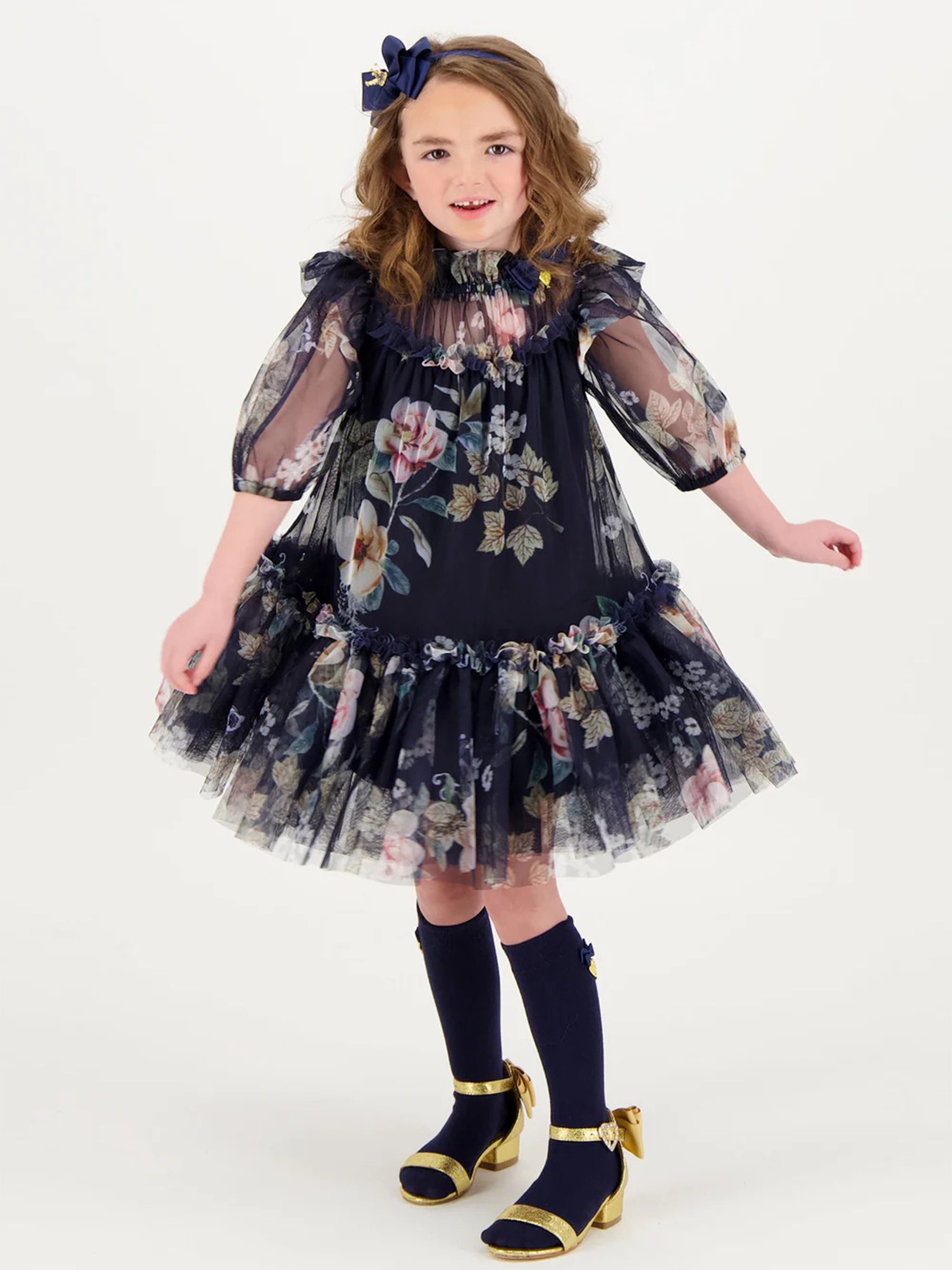 Girls Myrtle Flower Tulle Dress in Navy