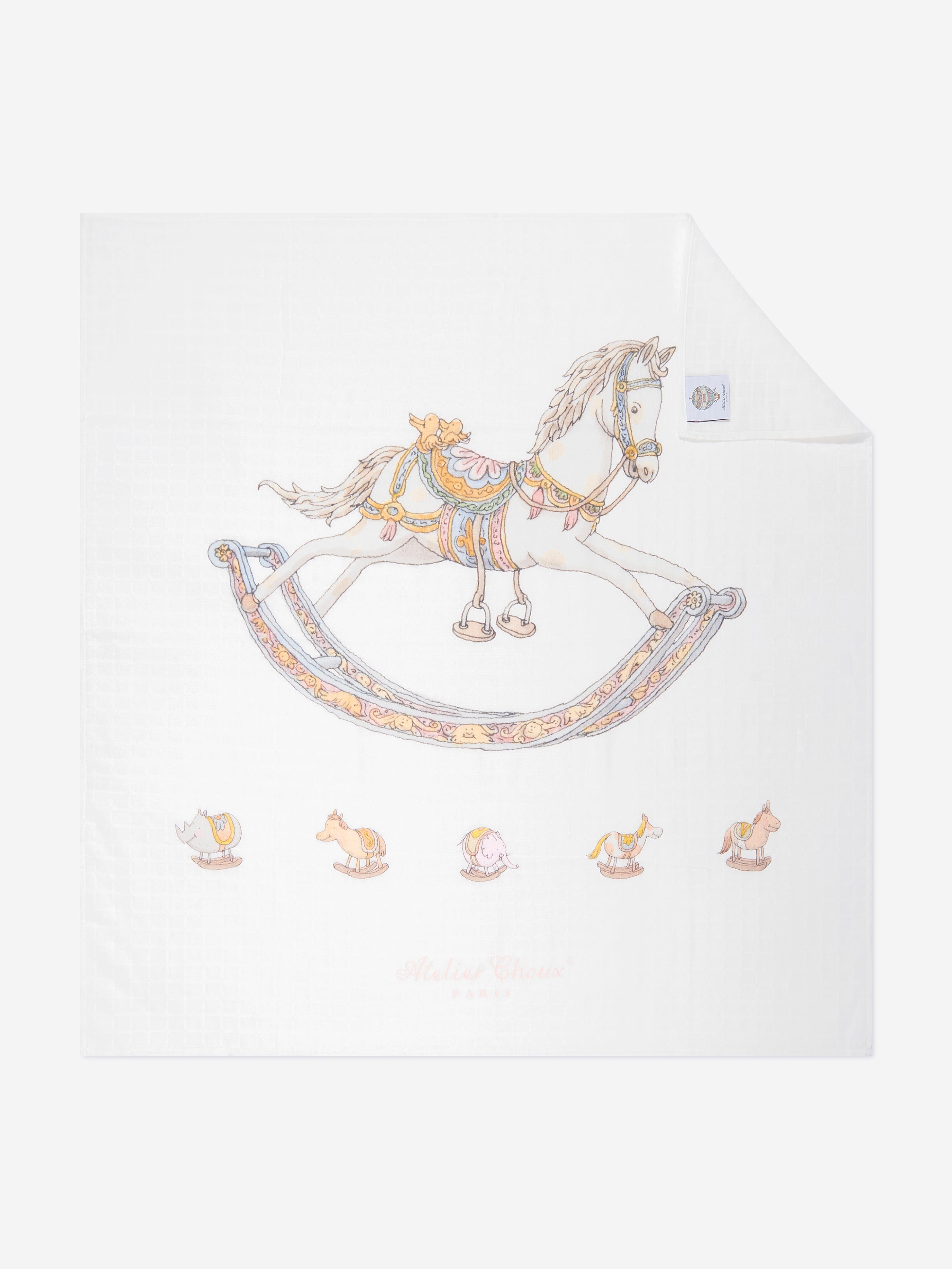 Atelier Choux Baby Rocking Horse Swaddle And Satin Bib Gift Set in White