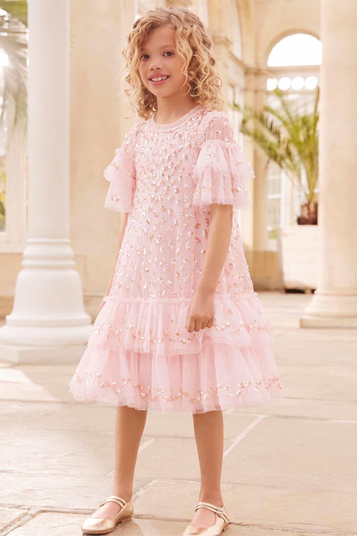 Needle & Thread Girls Autumn Leaves Dress in Pink