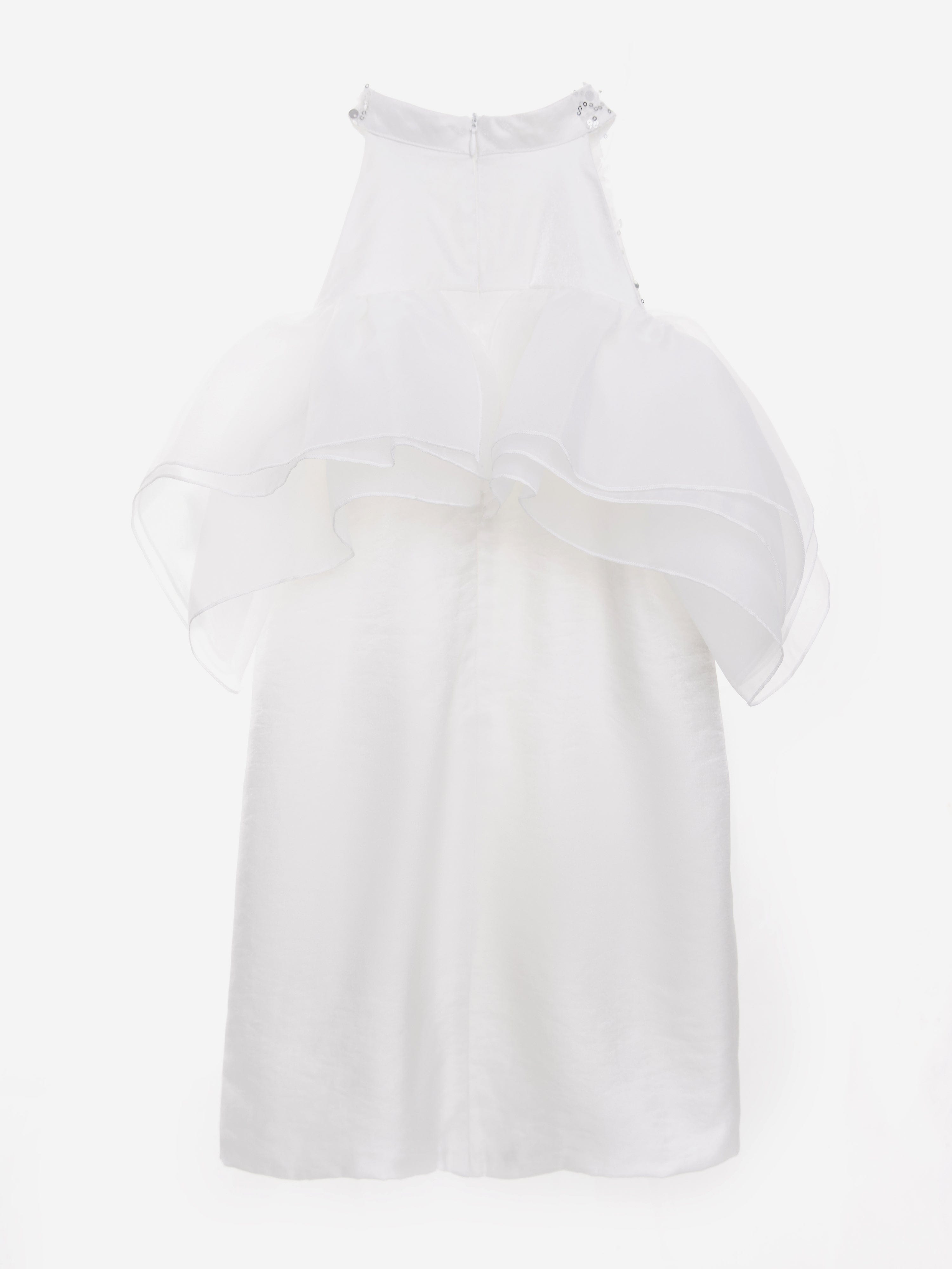 BCBG Girls Beaded Neck Satin Dress With Ruffles in White