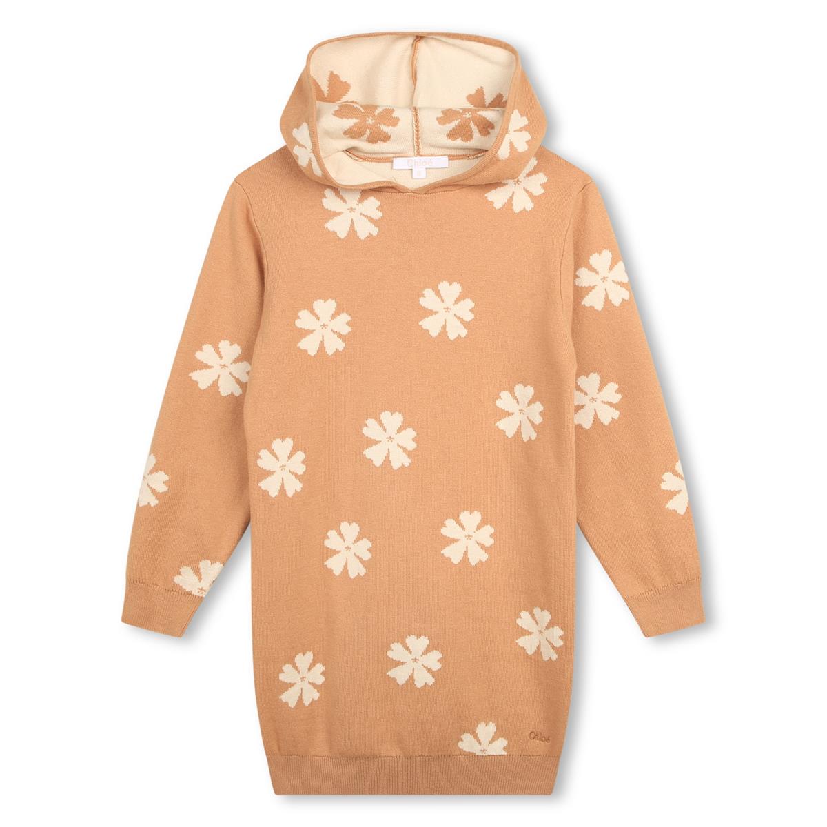 Girls Beige Flower Hooded Dress