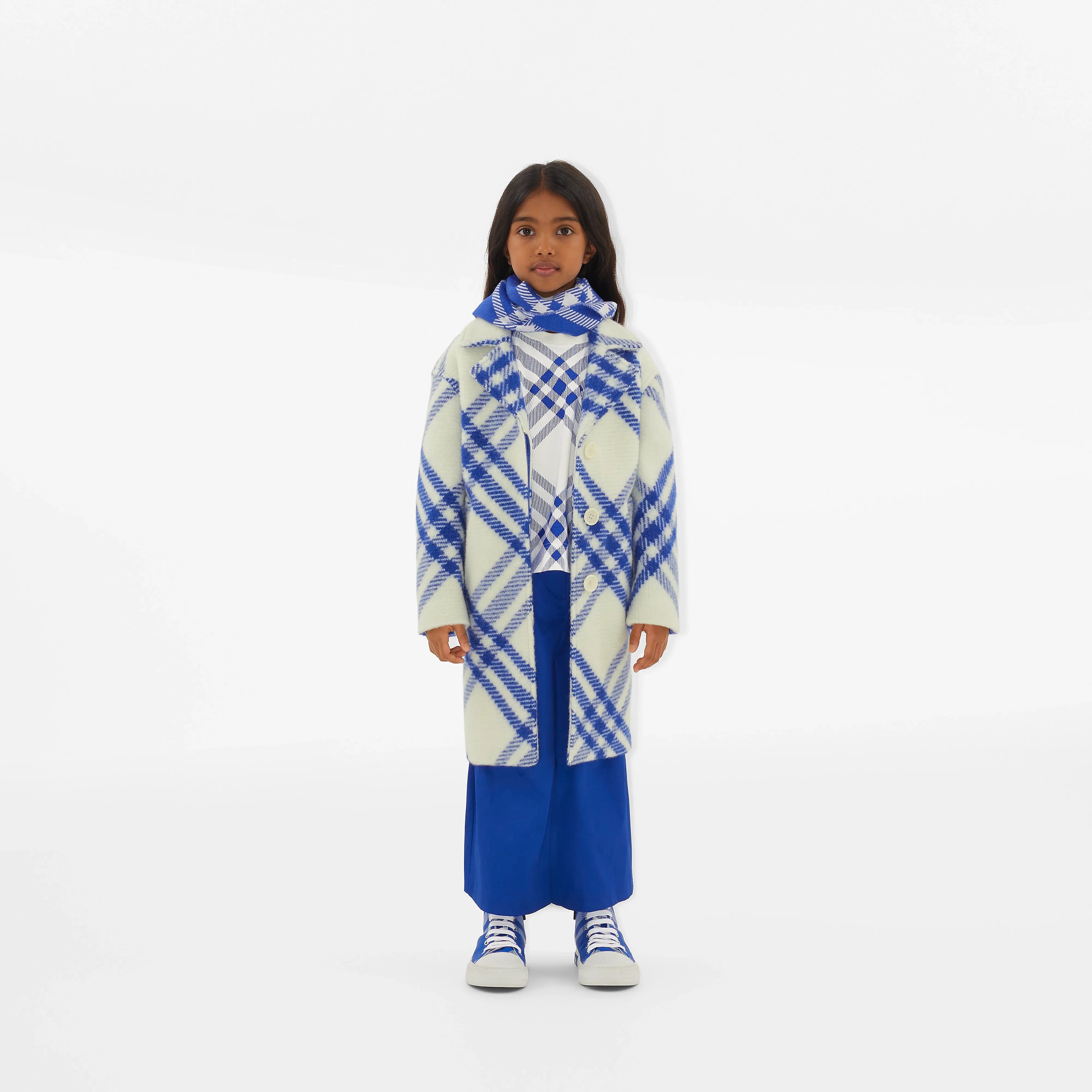 Girls Bias Check Wool Coat in White