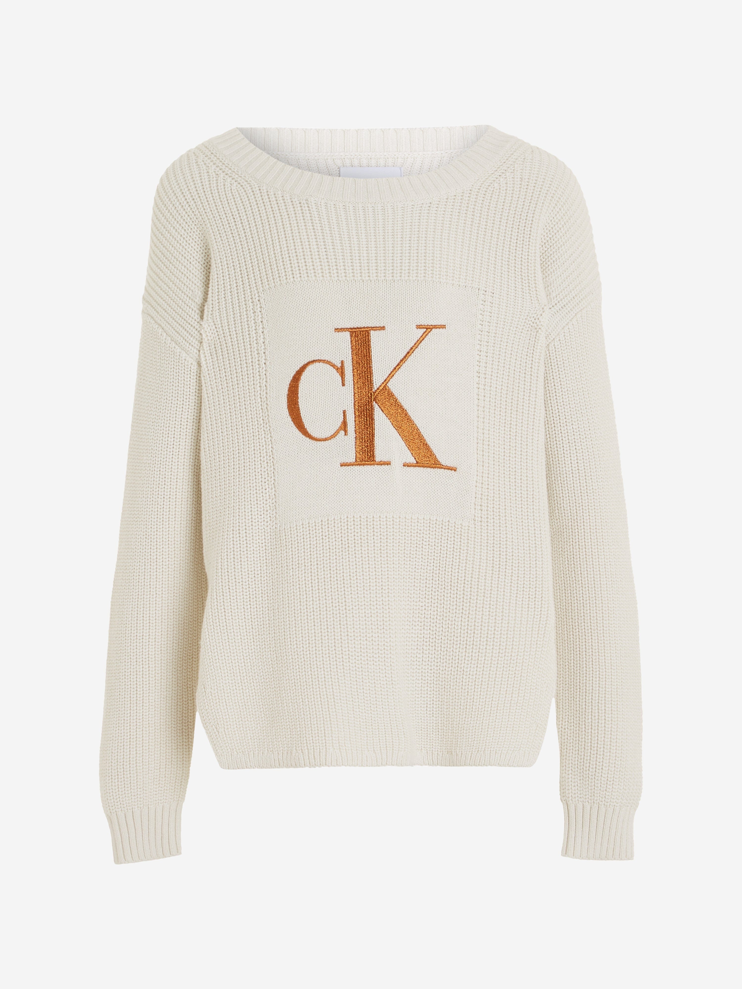 Calvin Klein Girls Bronze Monogram Slit Sweater in Ivory