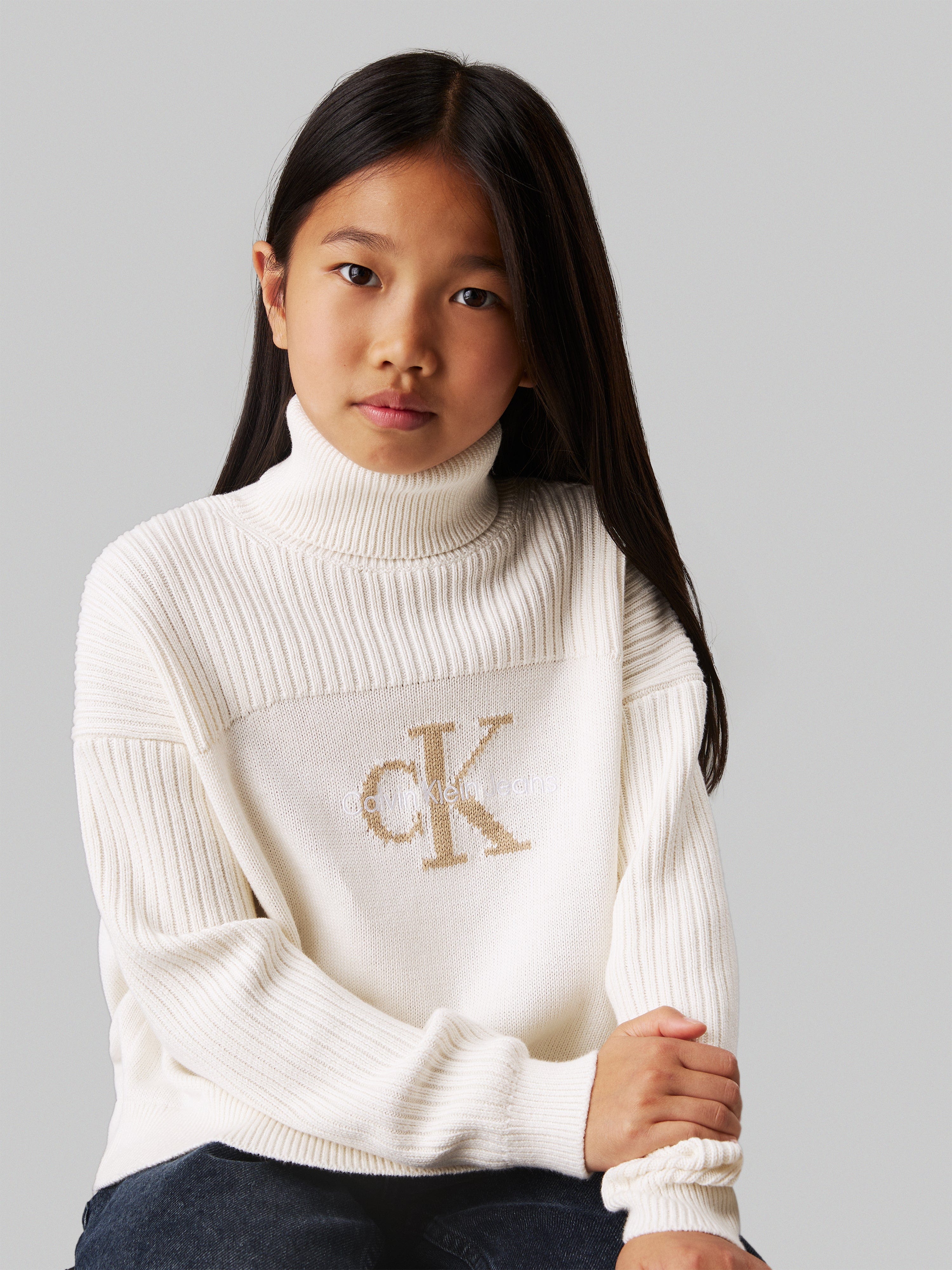 Calvin Klein Girls Logo Rollneck Sweater in Ivory