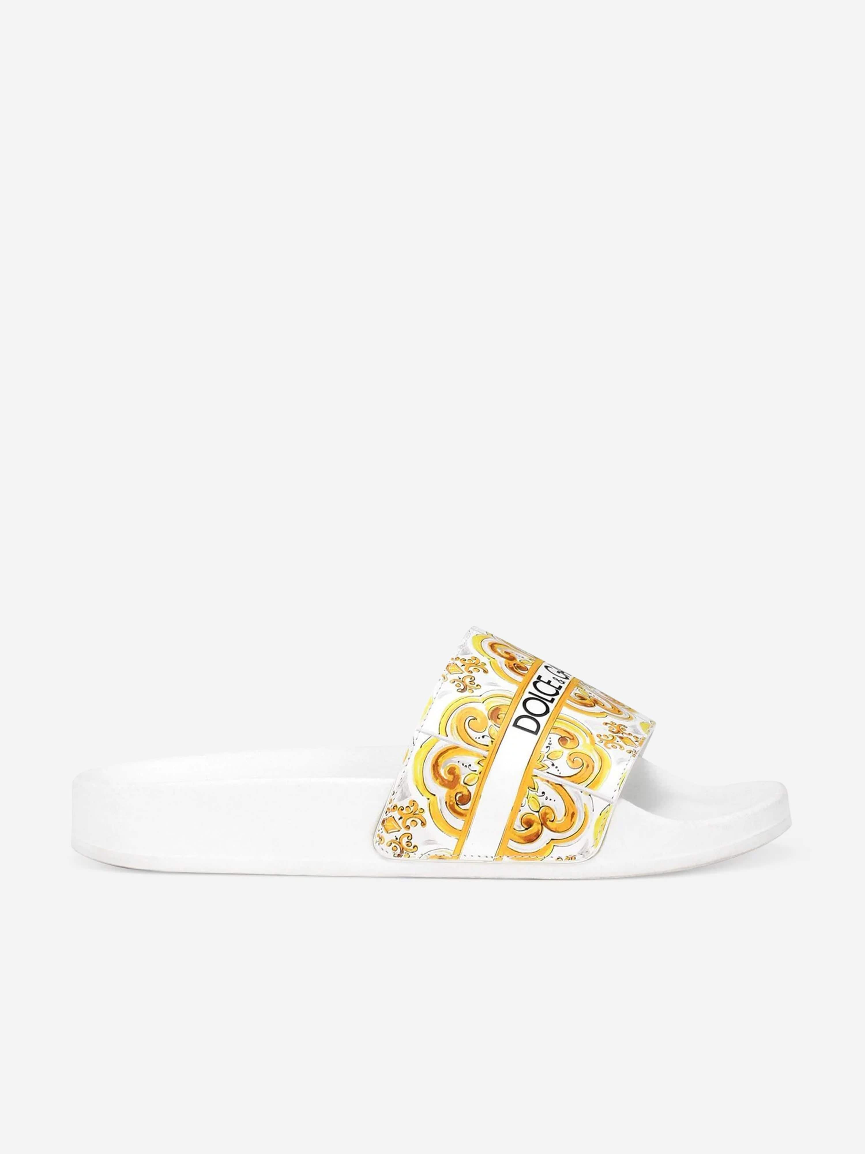 Dolce & Gabbana Girls Leather Maiolica Sliders in Yellow