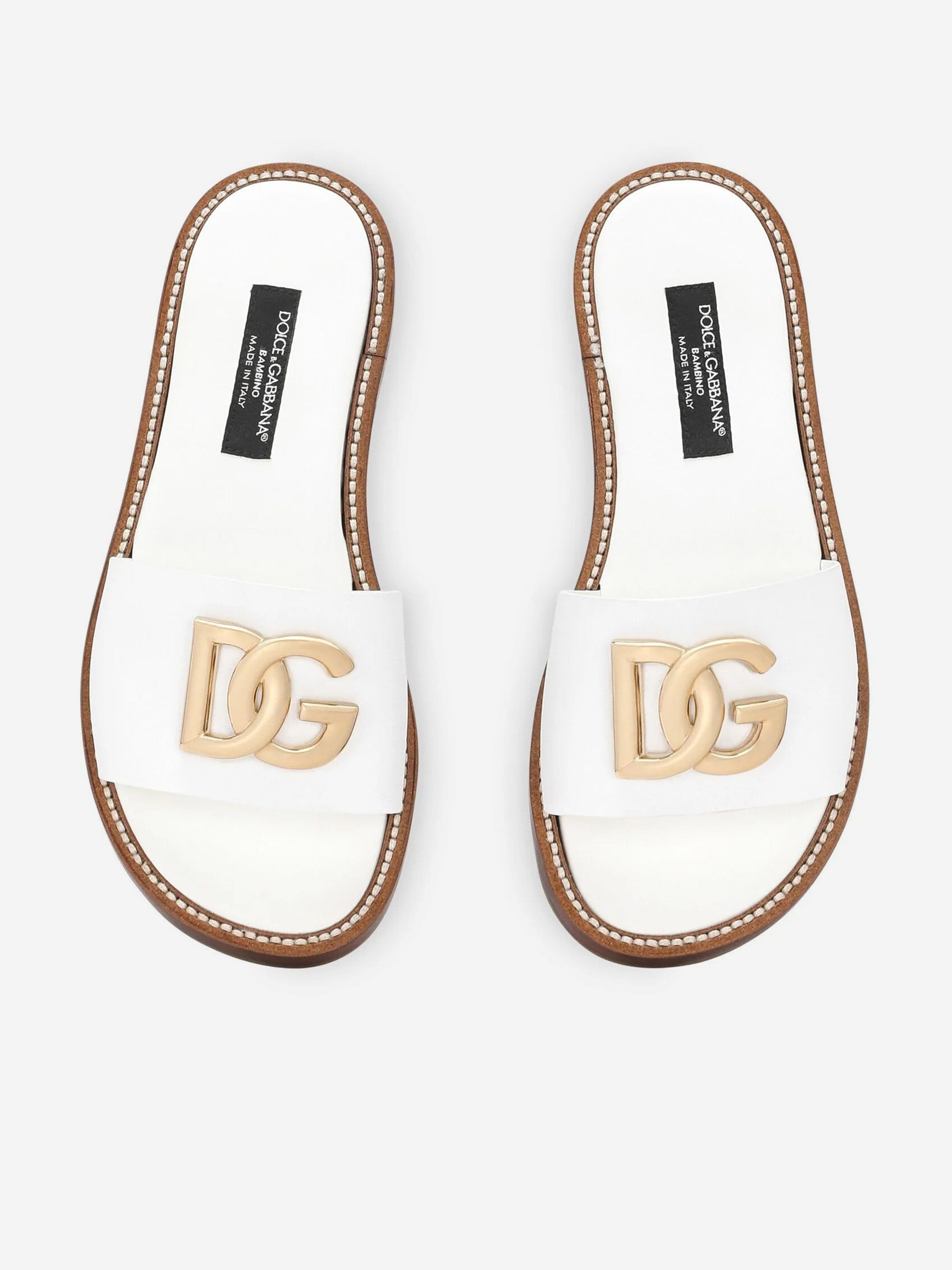 Dolce & Gabbana Girls Leather Logo Flat Slides in White