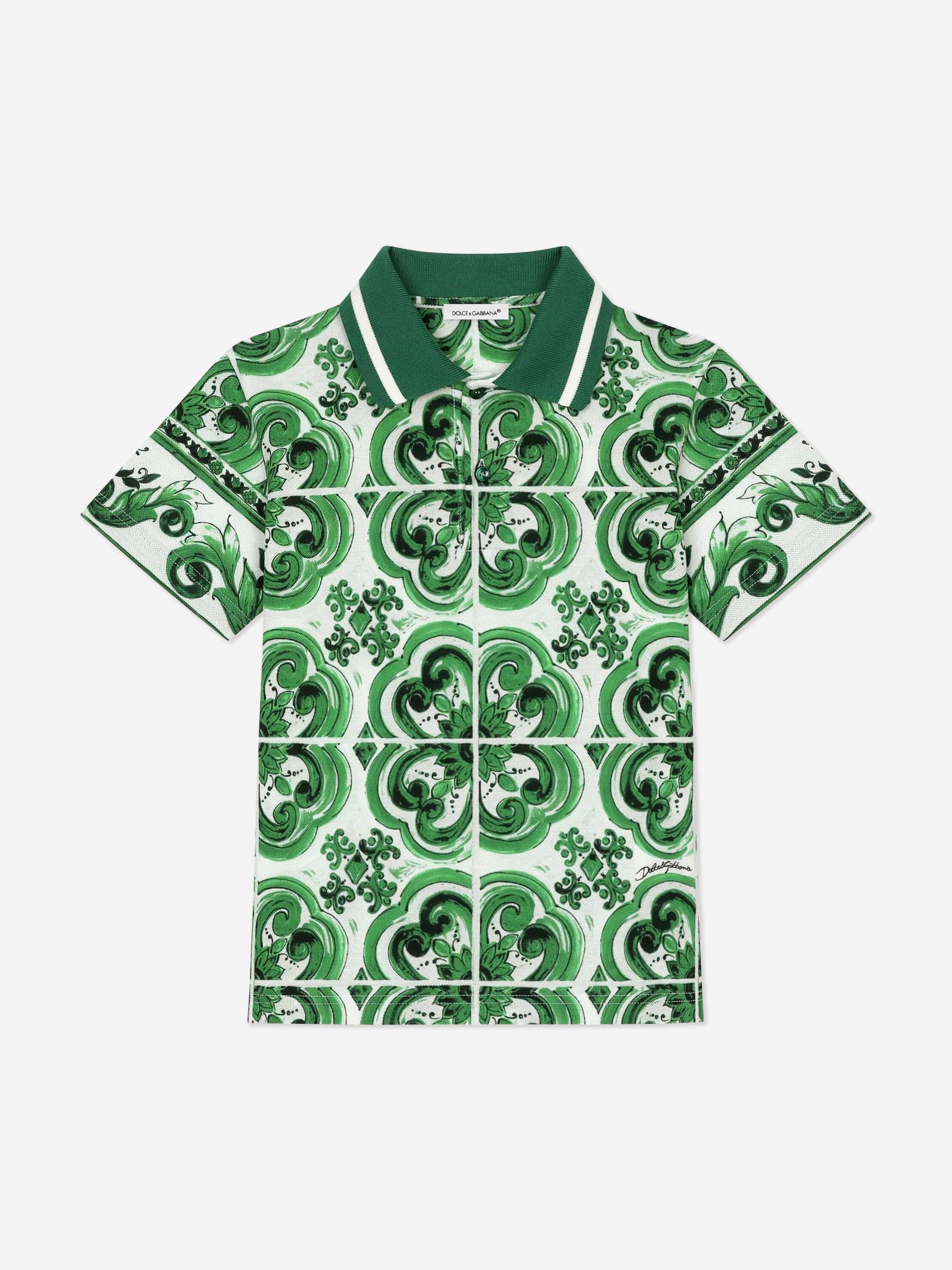 Dolce & Gabbana Boys Maiolica Print Polo Shirt in Green