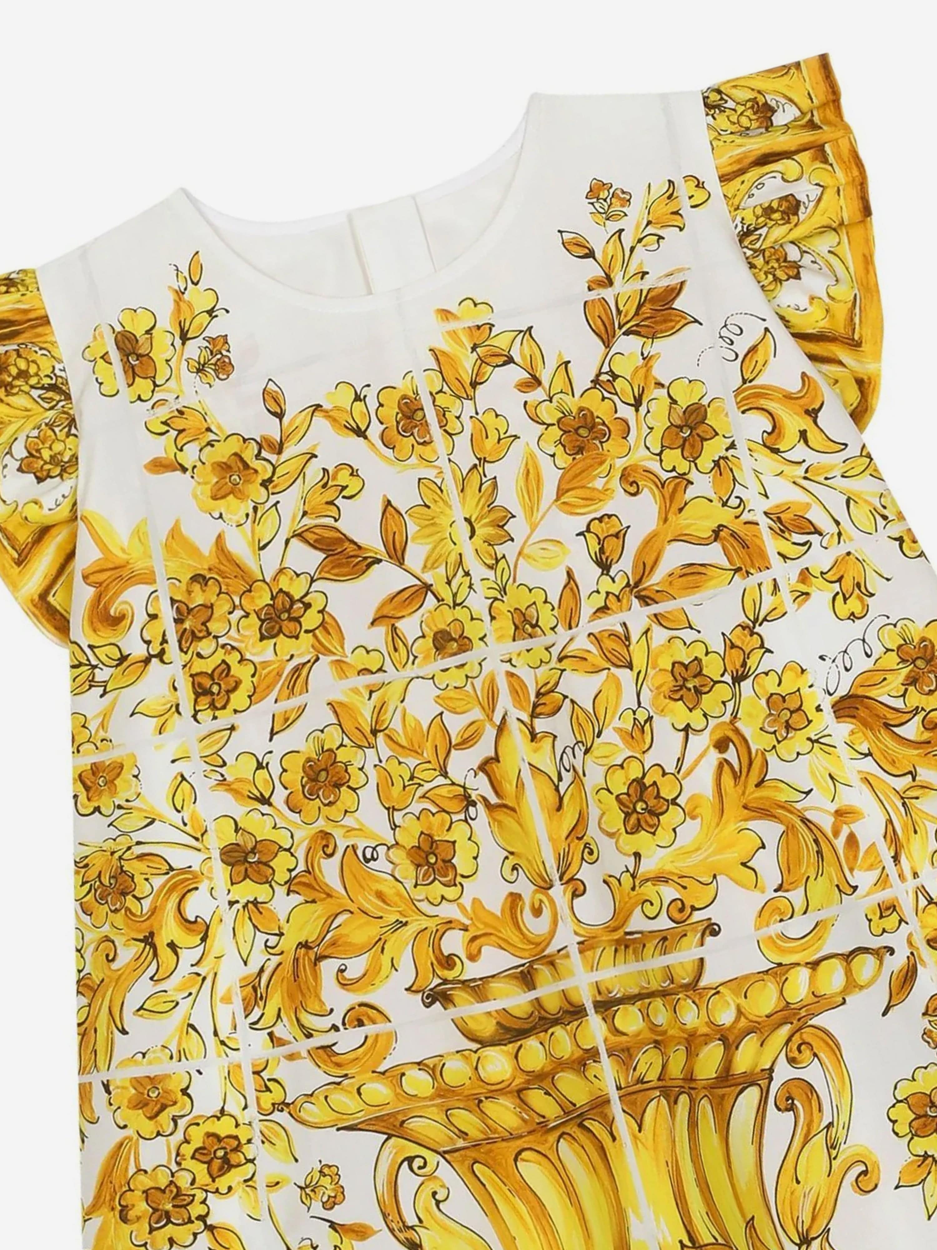 Dolce & Gabbana Girls Maiolica Print Dress in Yellow