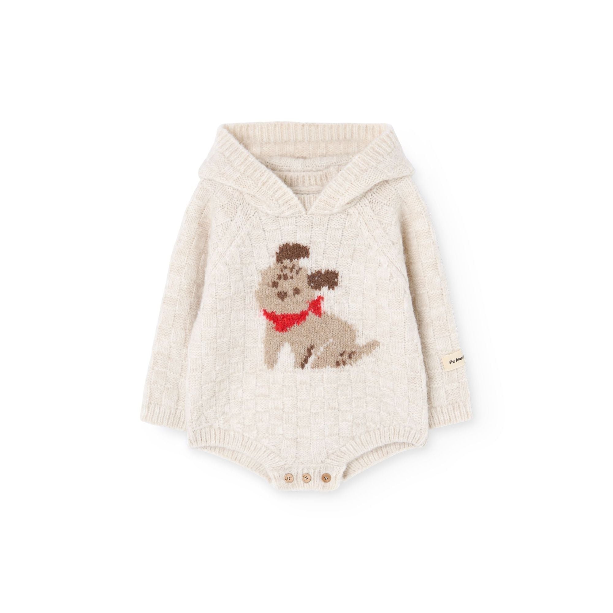 Baby Boys & Girls White Puppy Jacquard Knit Hooded Babysuit