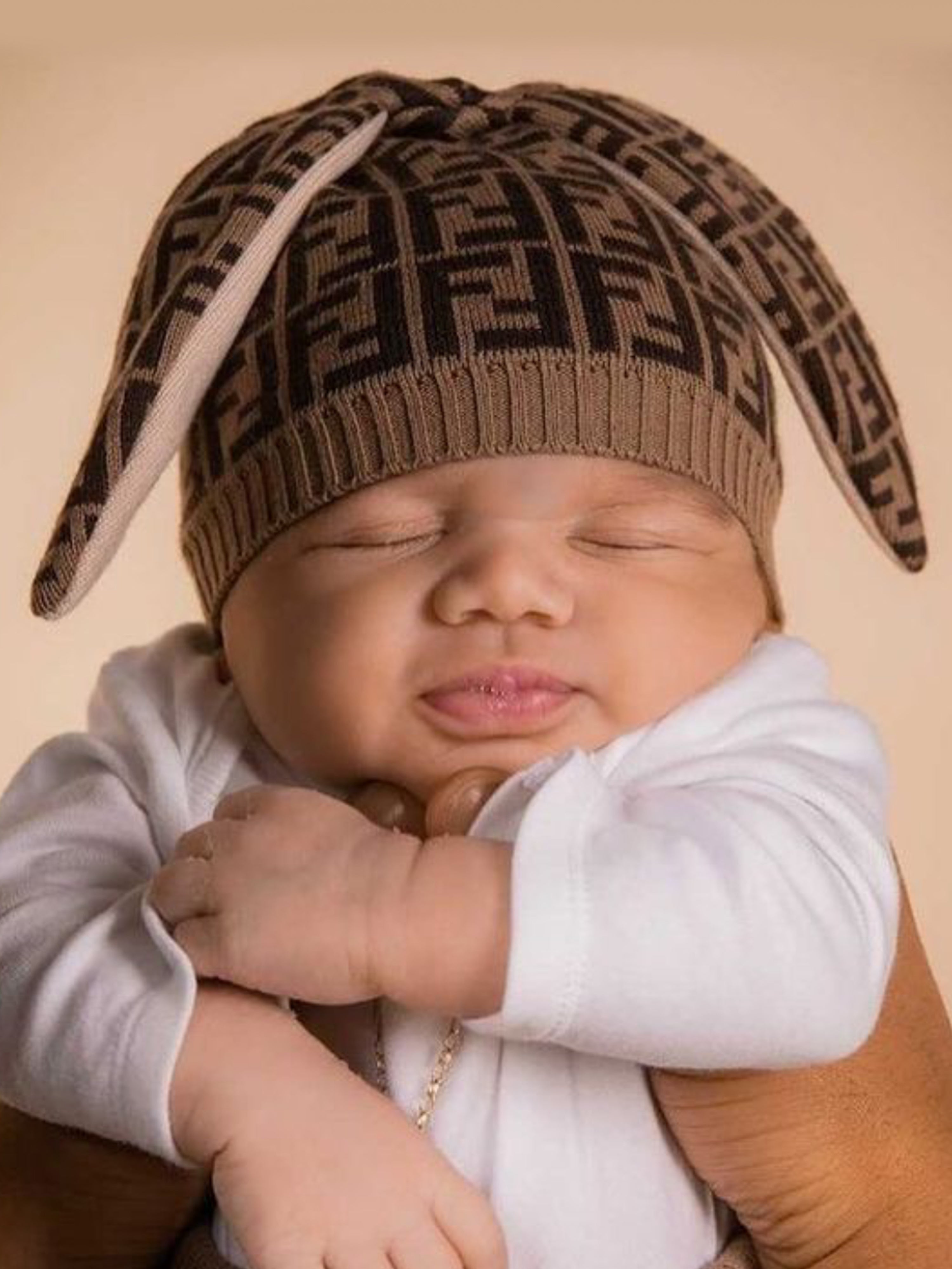Baby Cashmere Logo Bunny Hat in Brown