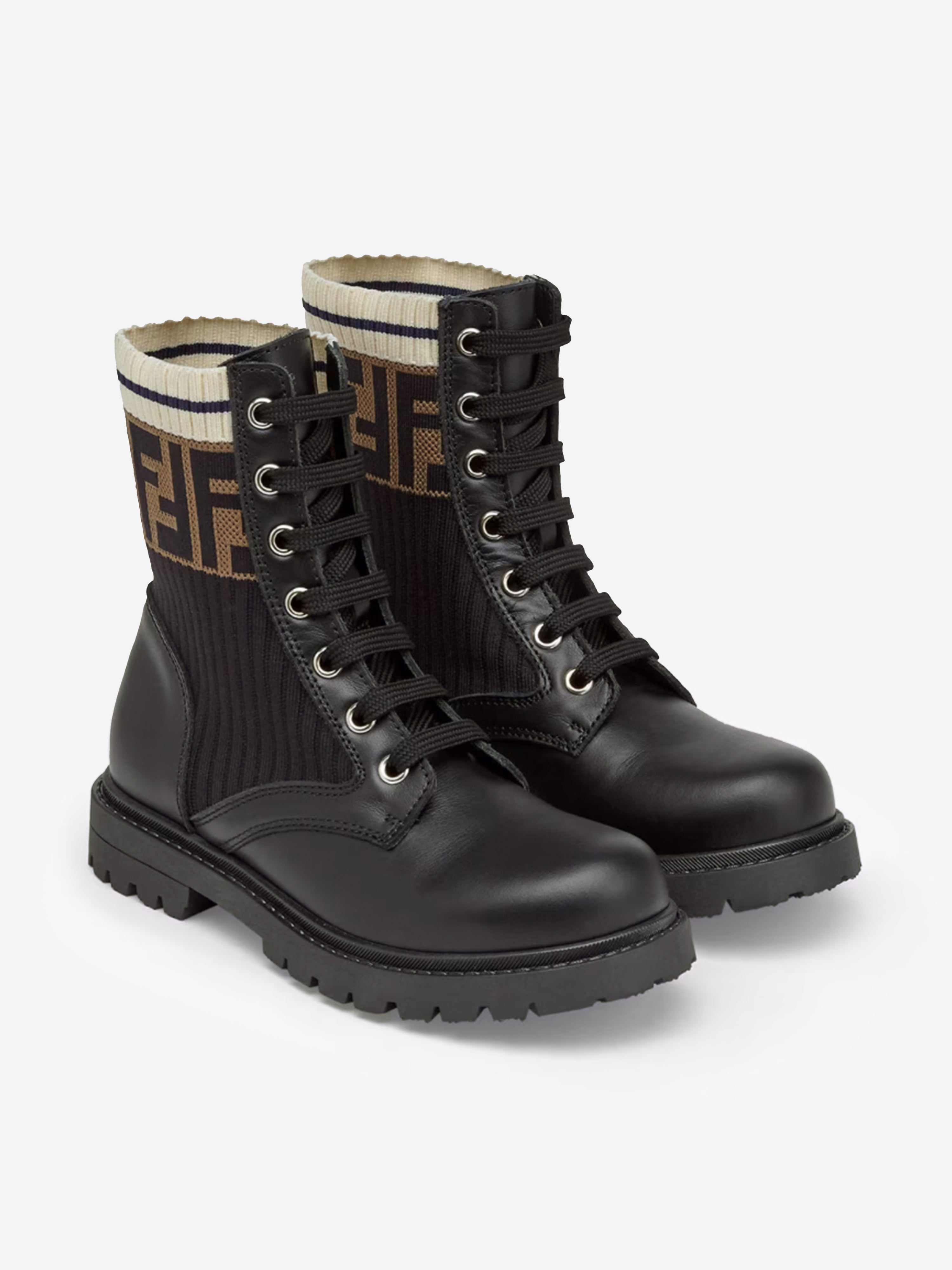 Kids Leather FF Logo Biker Boots in Black