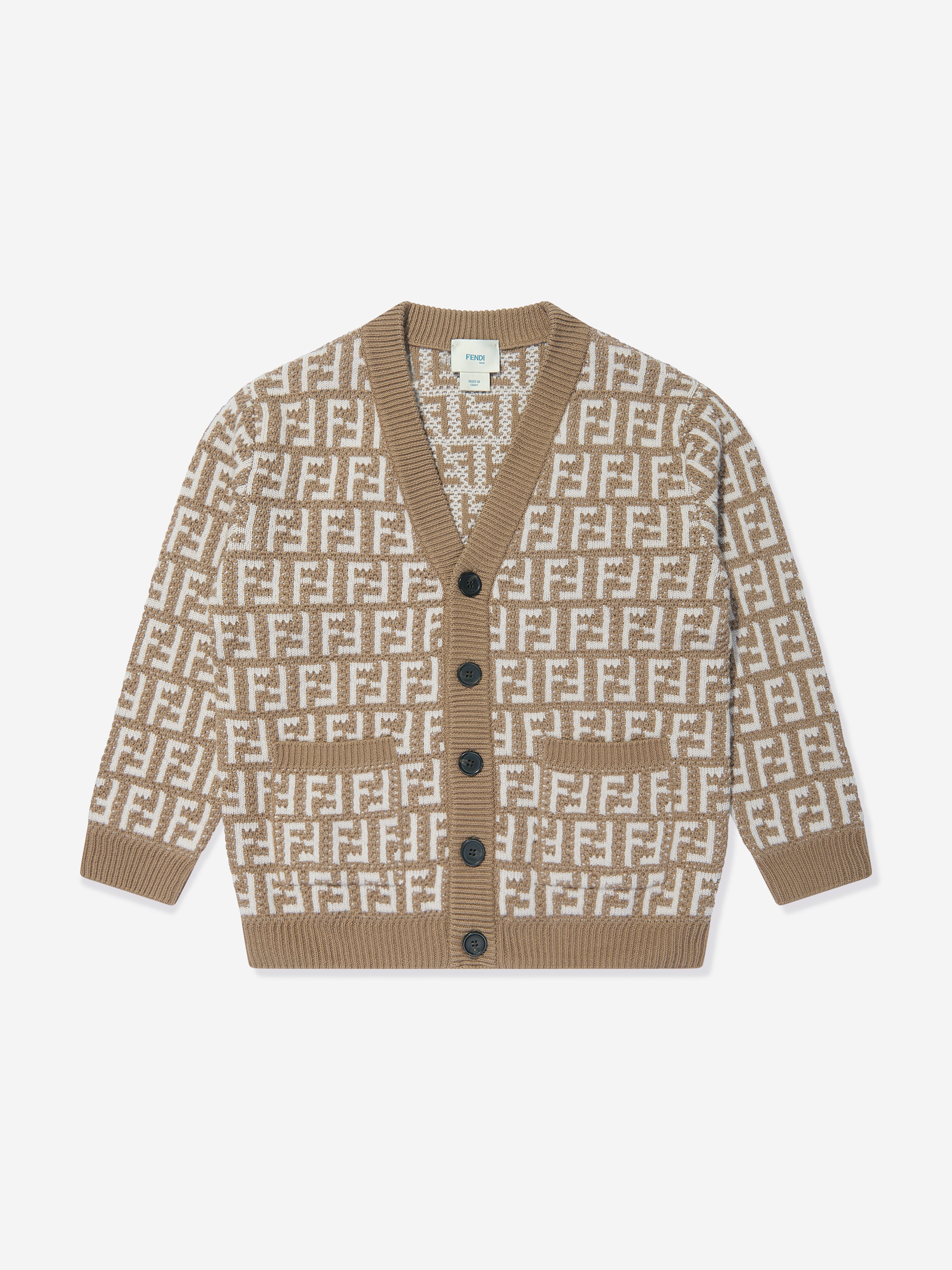 Kids Knitted FF Logo Cardigan in Beige