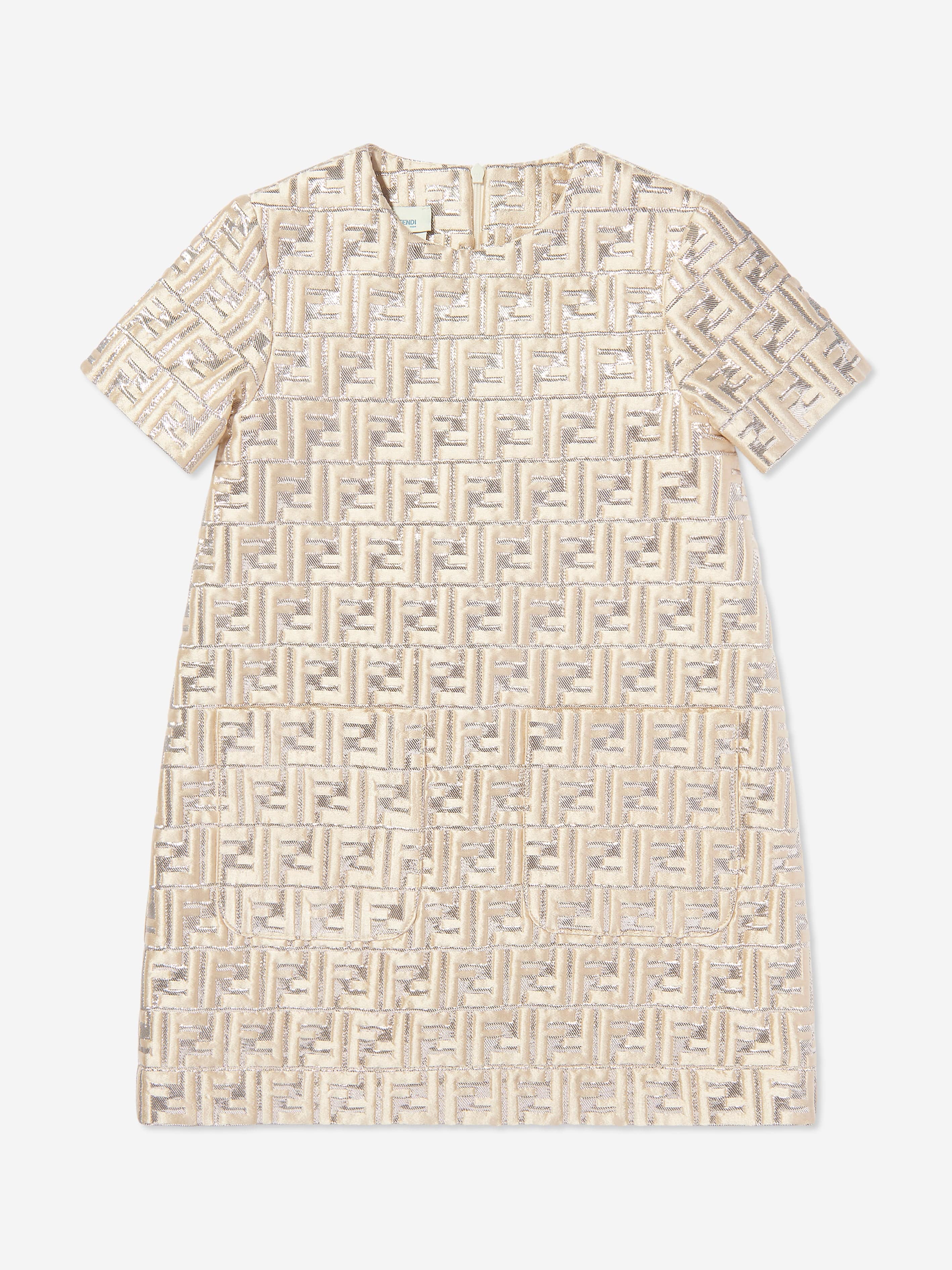 Fendi Girls FF Silk Brocade Dress in Beige