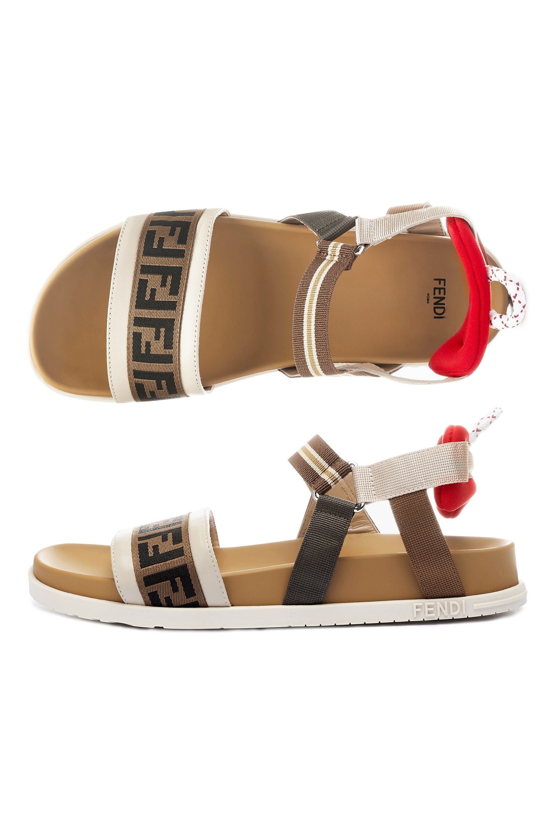 Kids Leather And Fabric FF Logo Sandals in Beige