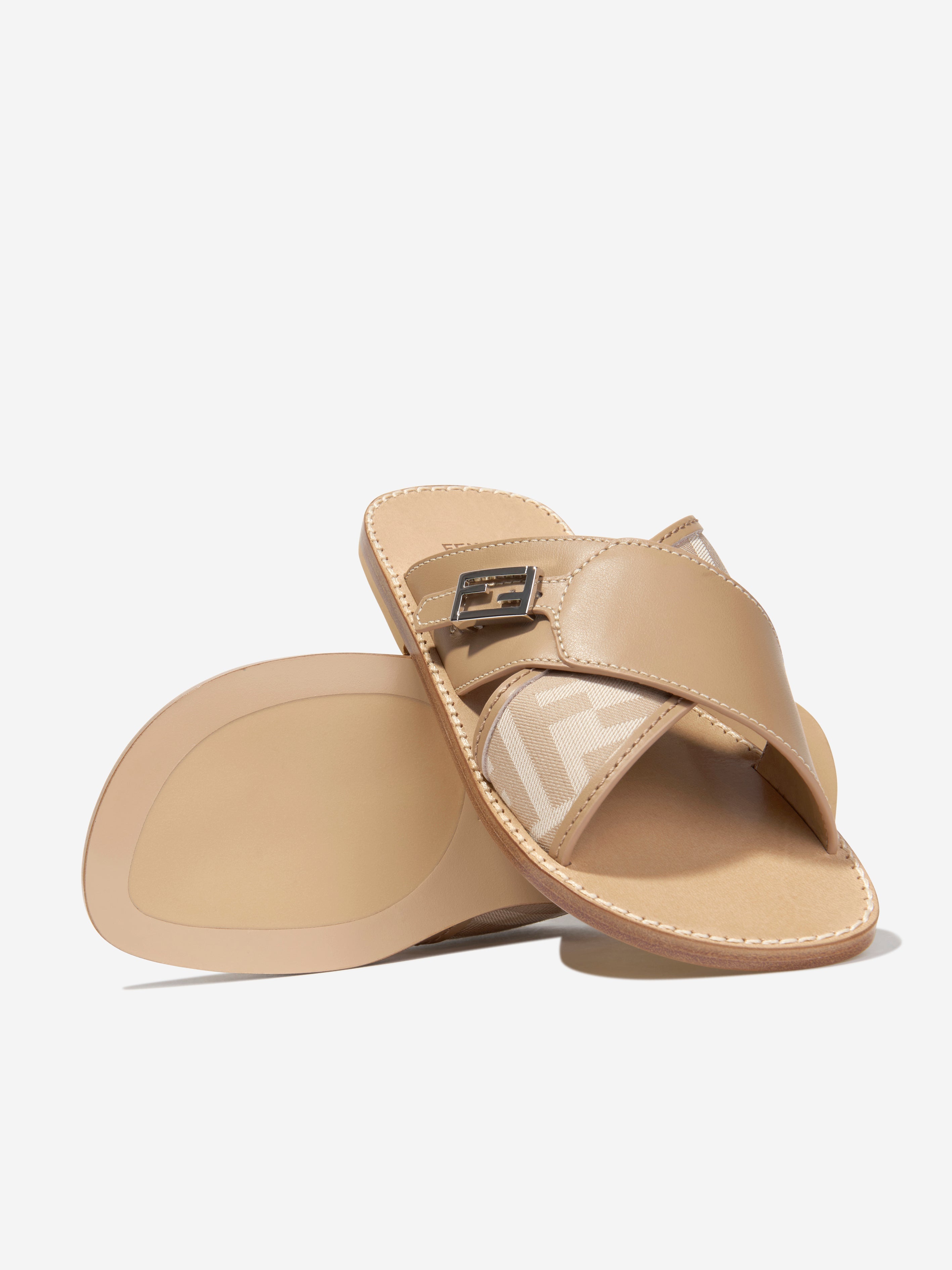 Girls Leather FF Logo Sandals in Beige