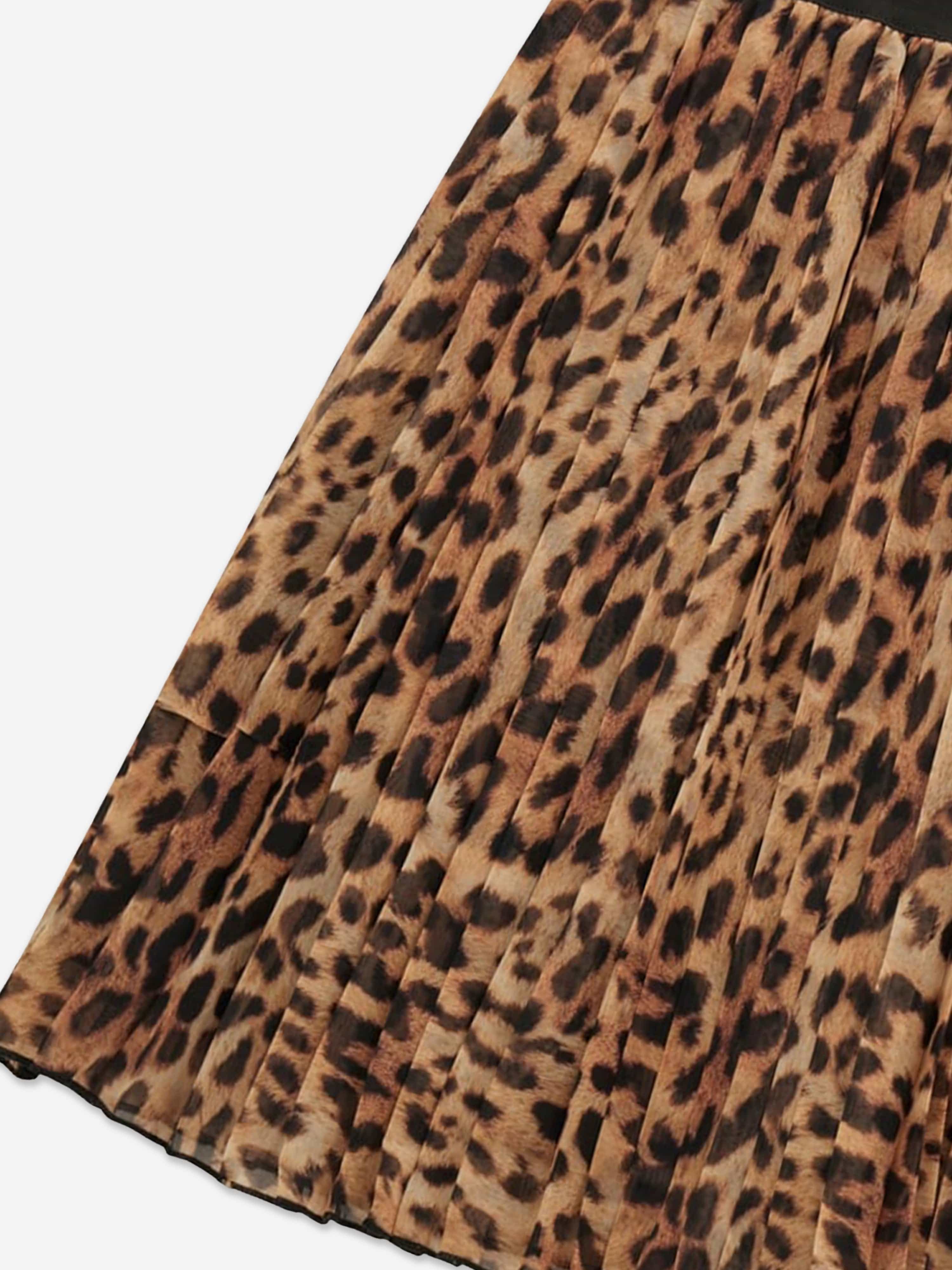Girls Leopard Chiffon Pleated Midi Skirt in Brown