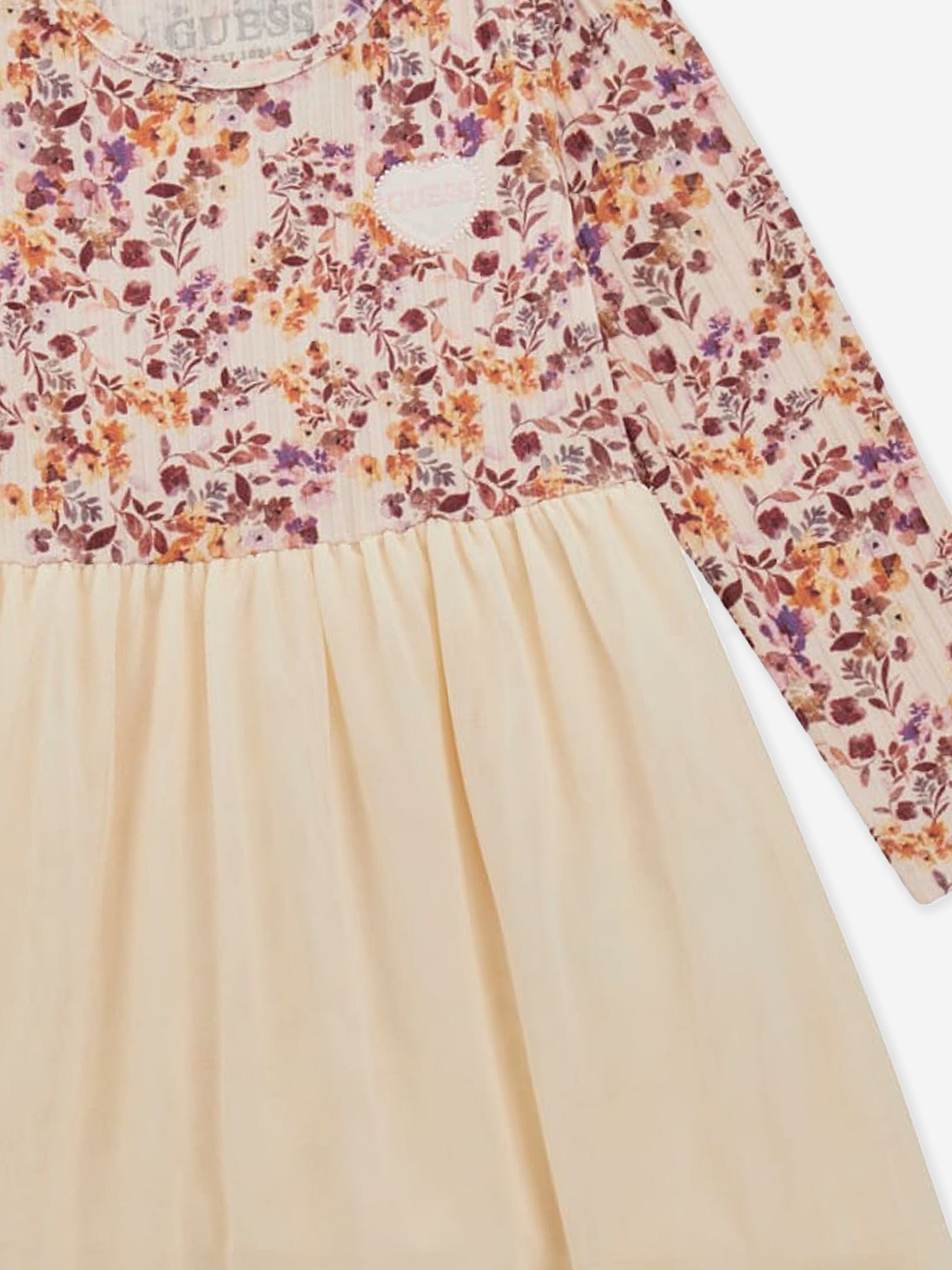 Guess Girls Mixed Fabric Floral Dress in Multicolour