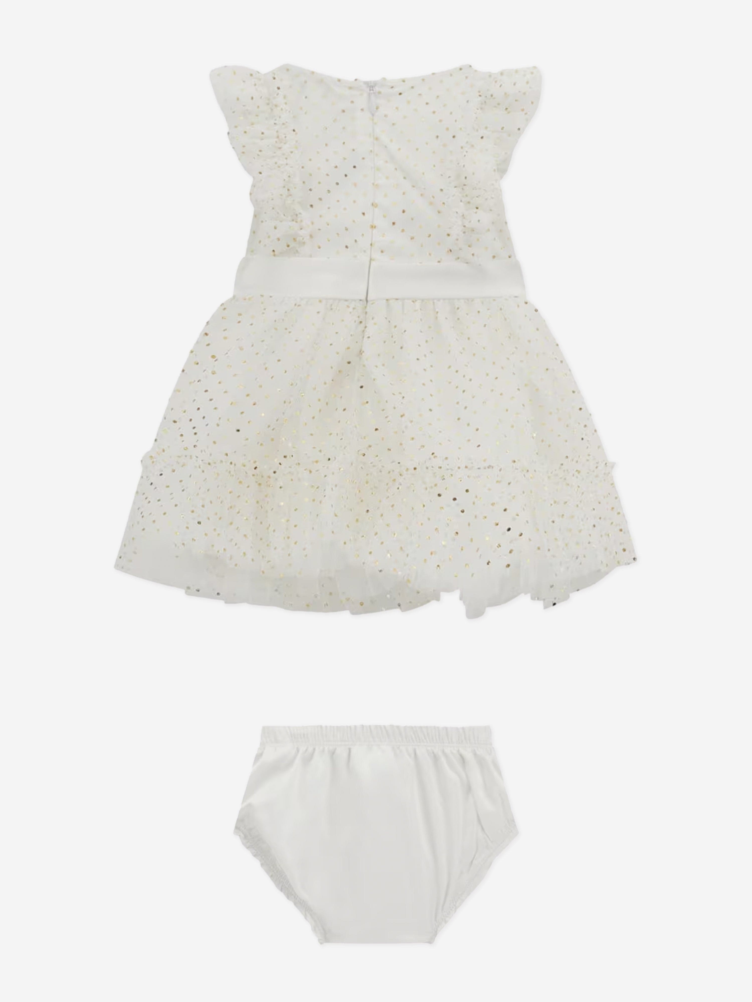 Baby Girls Spotted Ruffle Dress in White