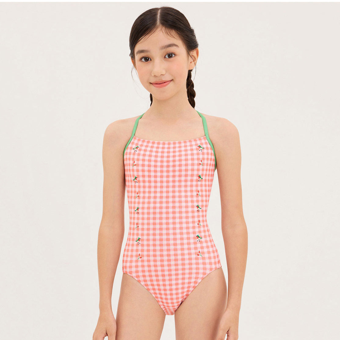 Girls Pink Check Professional Swimsuit