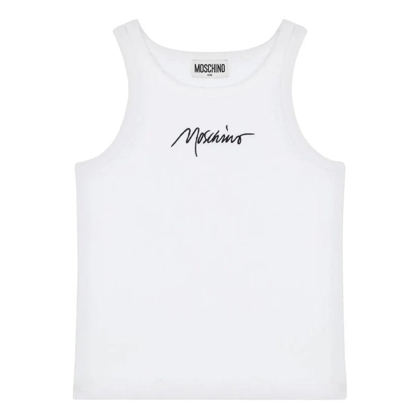 Girls White Embroidered Logo Cotton Vest