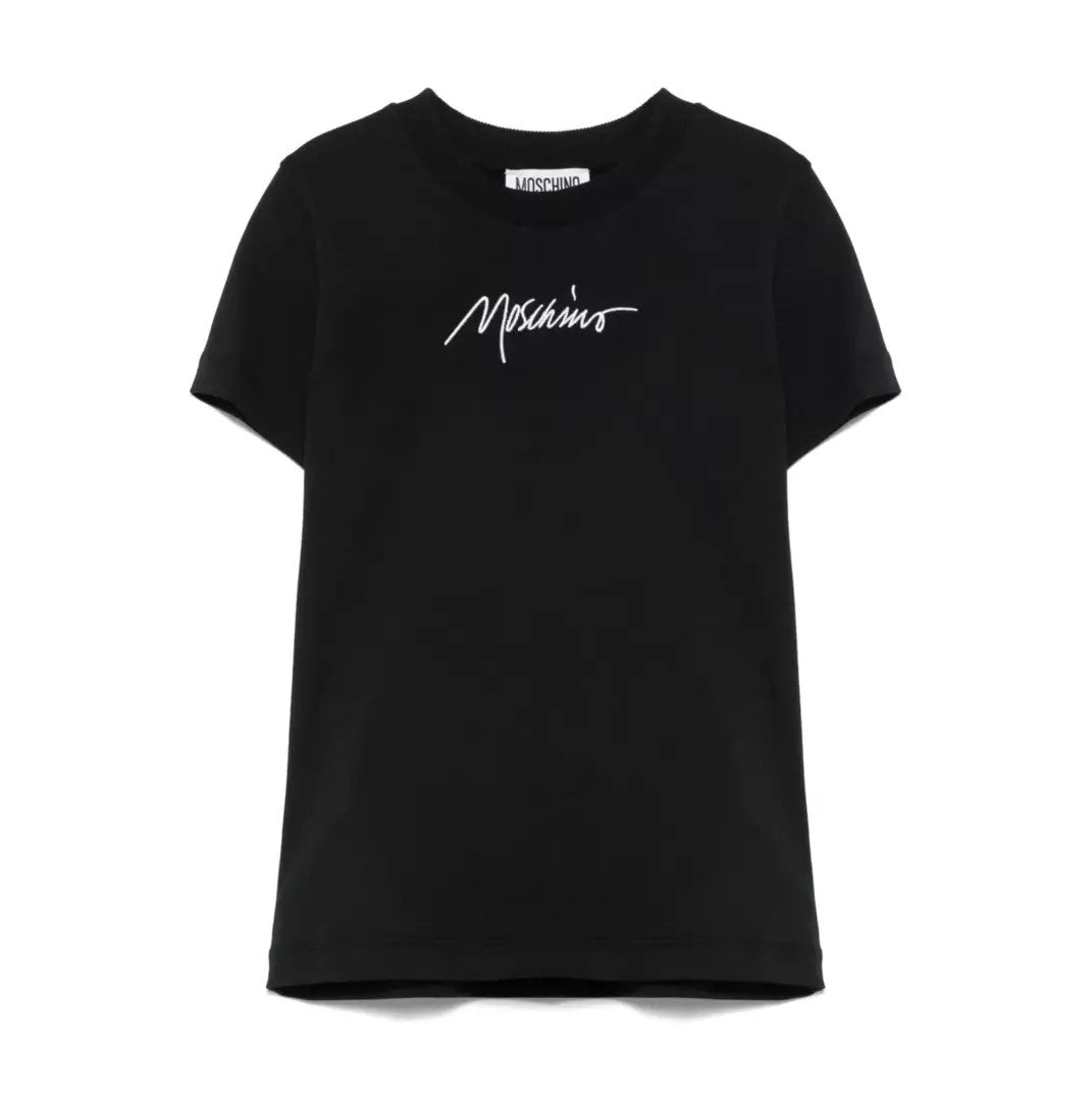 Boys & Girls Black Embroidered Logo Cotton T-Shirt