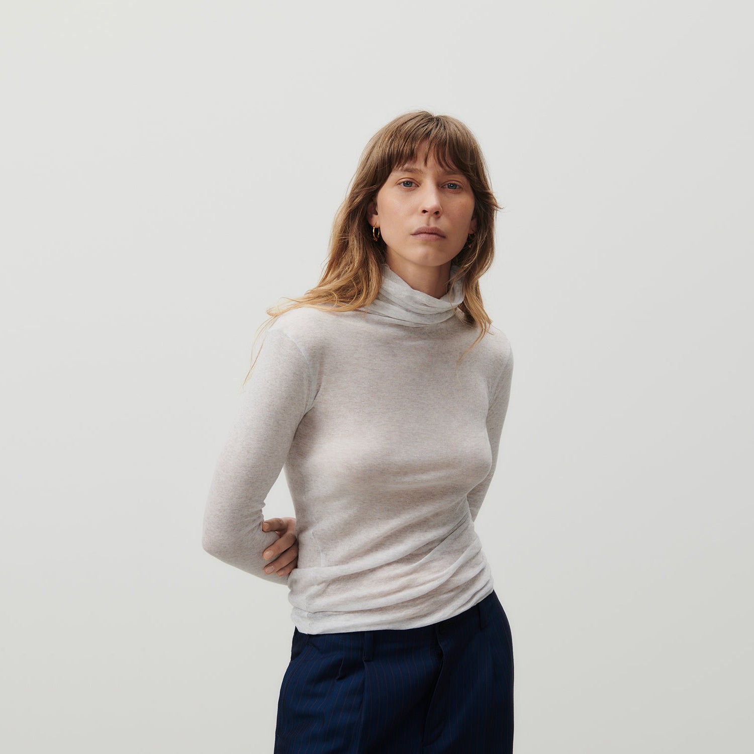 Women Light Grey Cotton High Neck T-Shirt