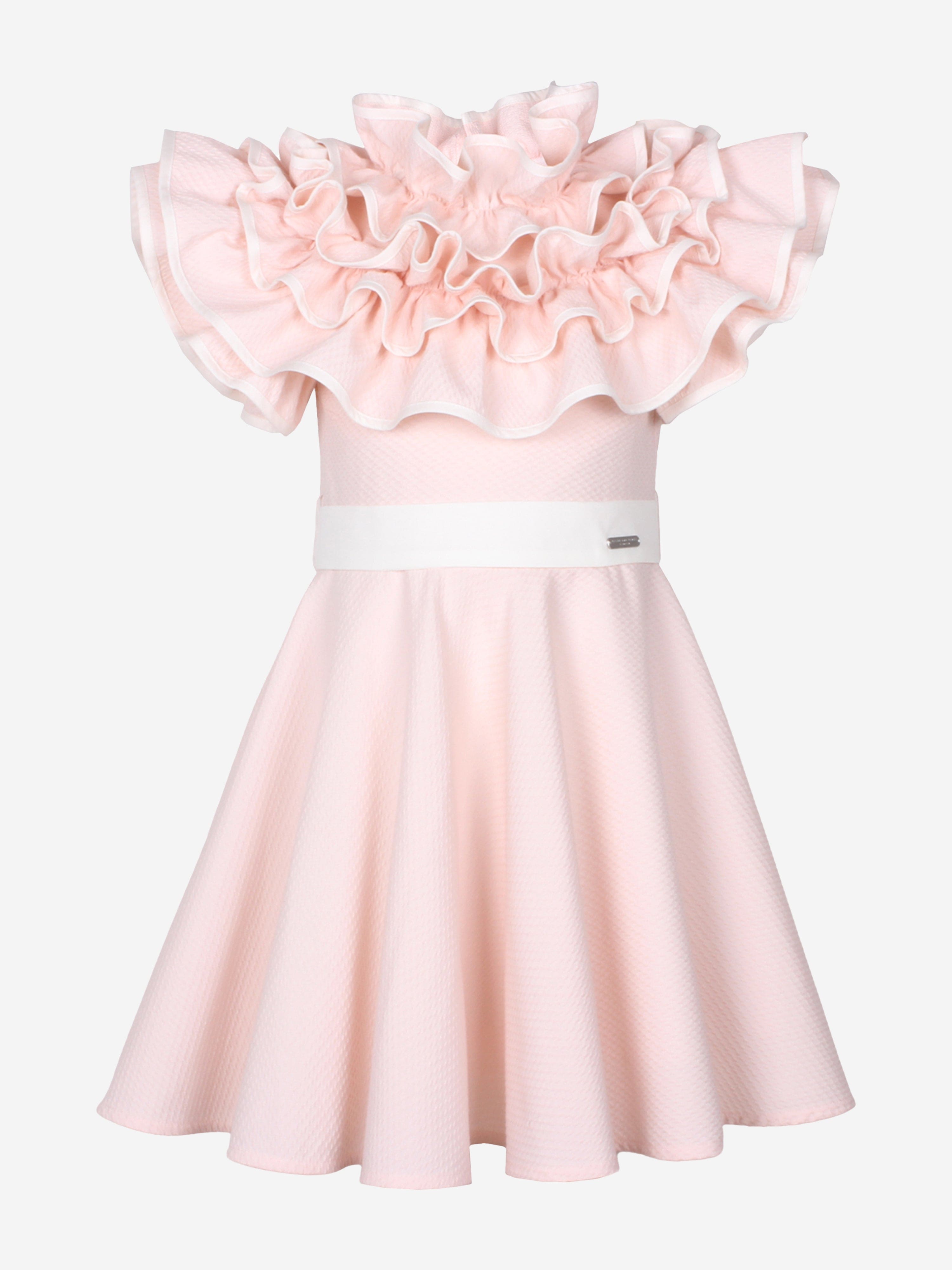 Jessie And James Girls Dotty Jacquard Frilly Glamour Dress in Pink