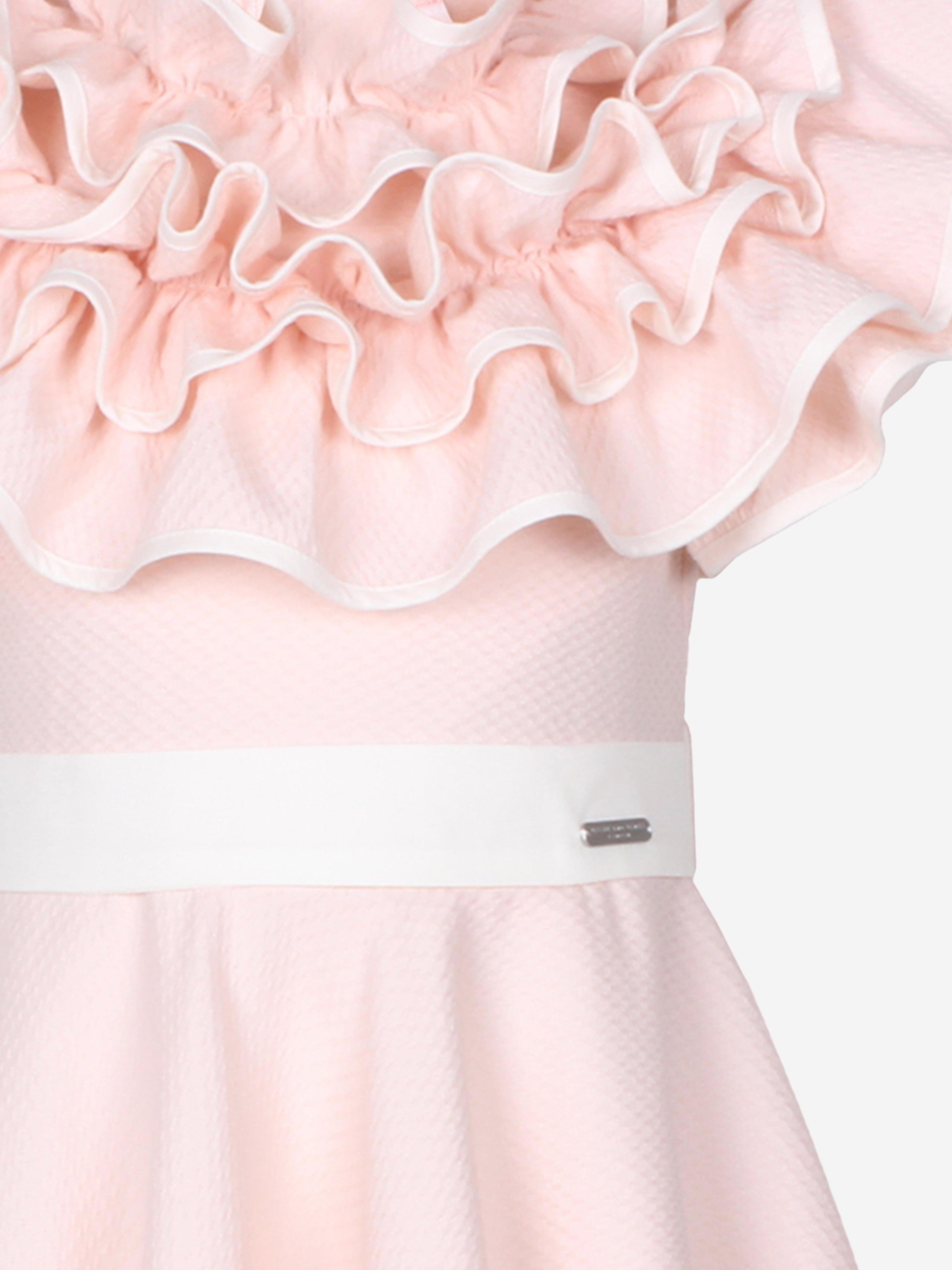 Jessie And James Girls Dotty Jacquard Frilly Glamour Dress in Pink