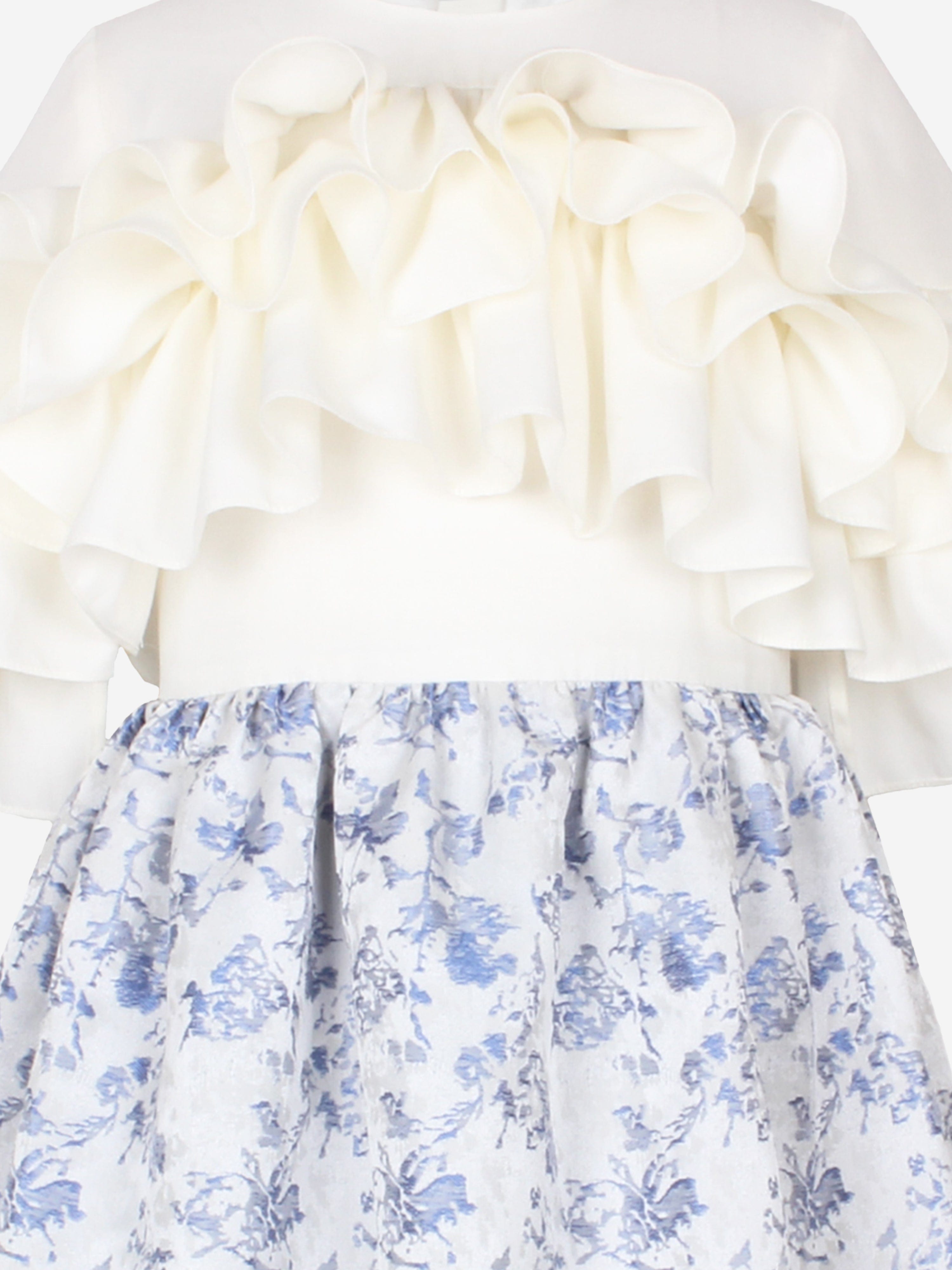 Girls Floral Jacquard Flutterby Ruffle Dress In Blue