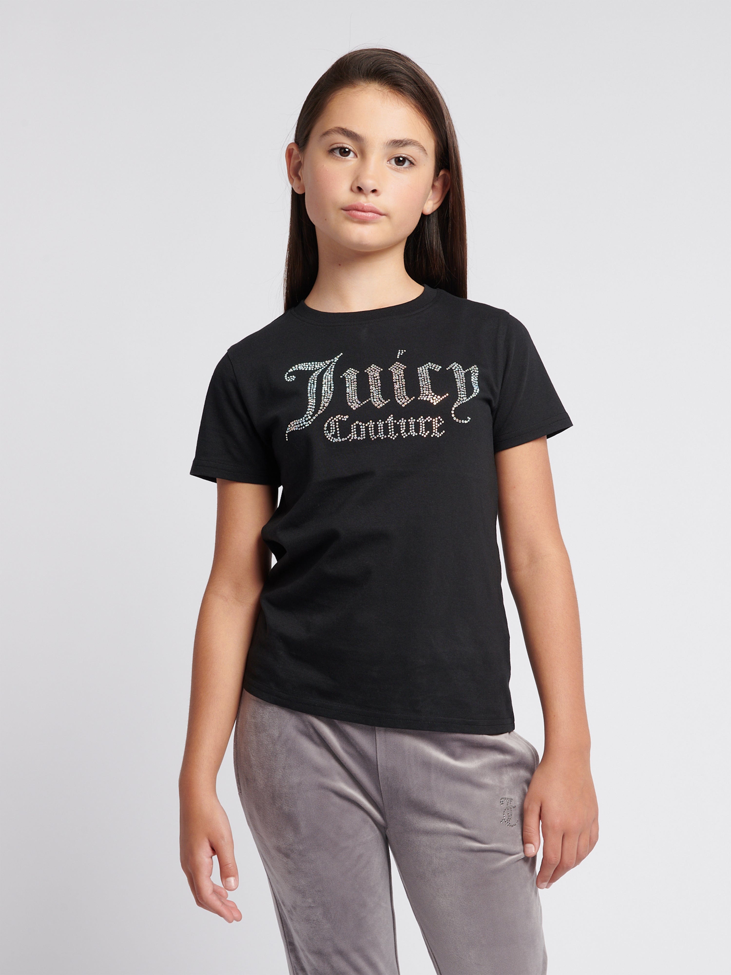 Juicy Couture Girls Diamante Logo Fitted T-Shirt in Black