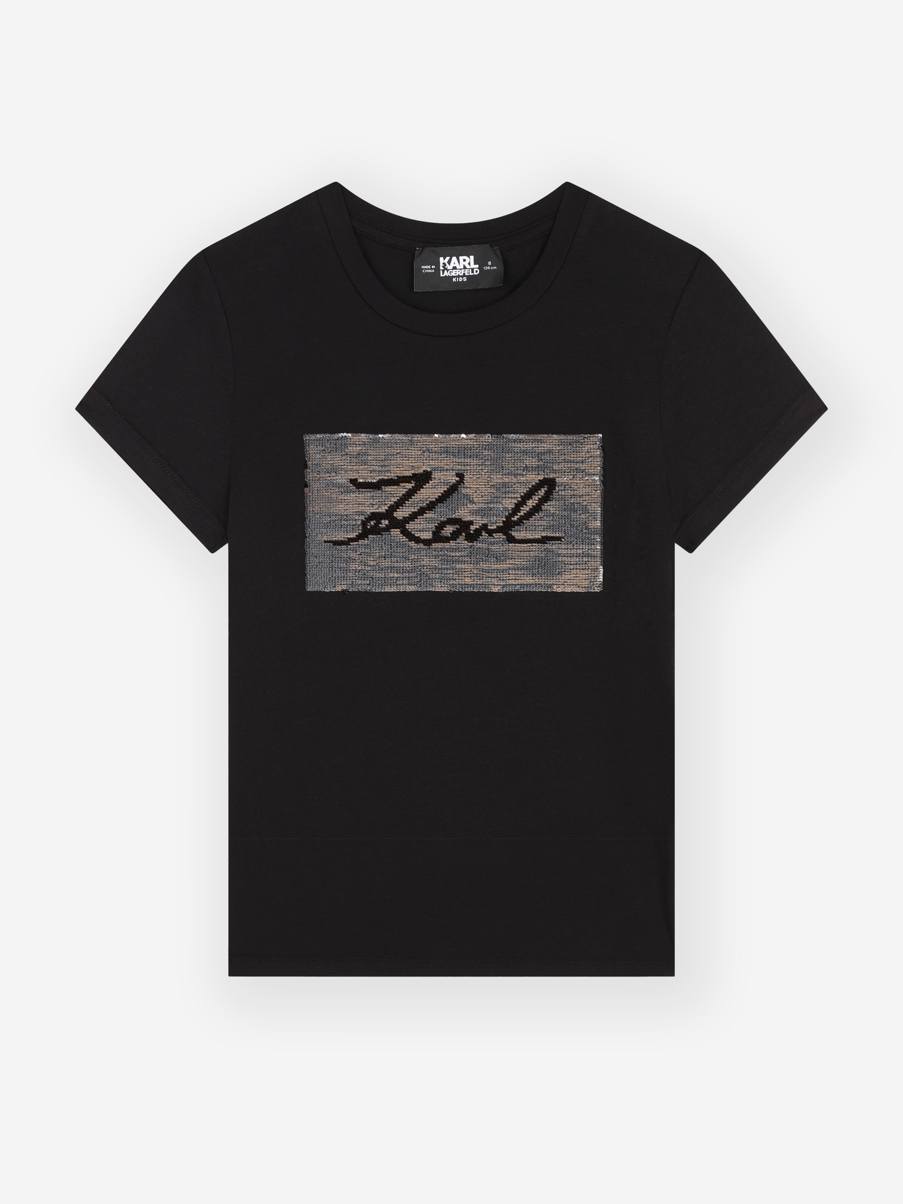 Karl Lagerfeld Girls Reversible Sequin Logo T-Shirt in Black