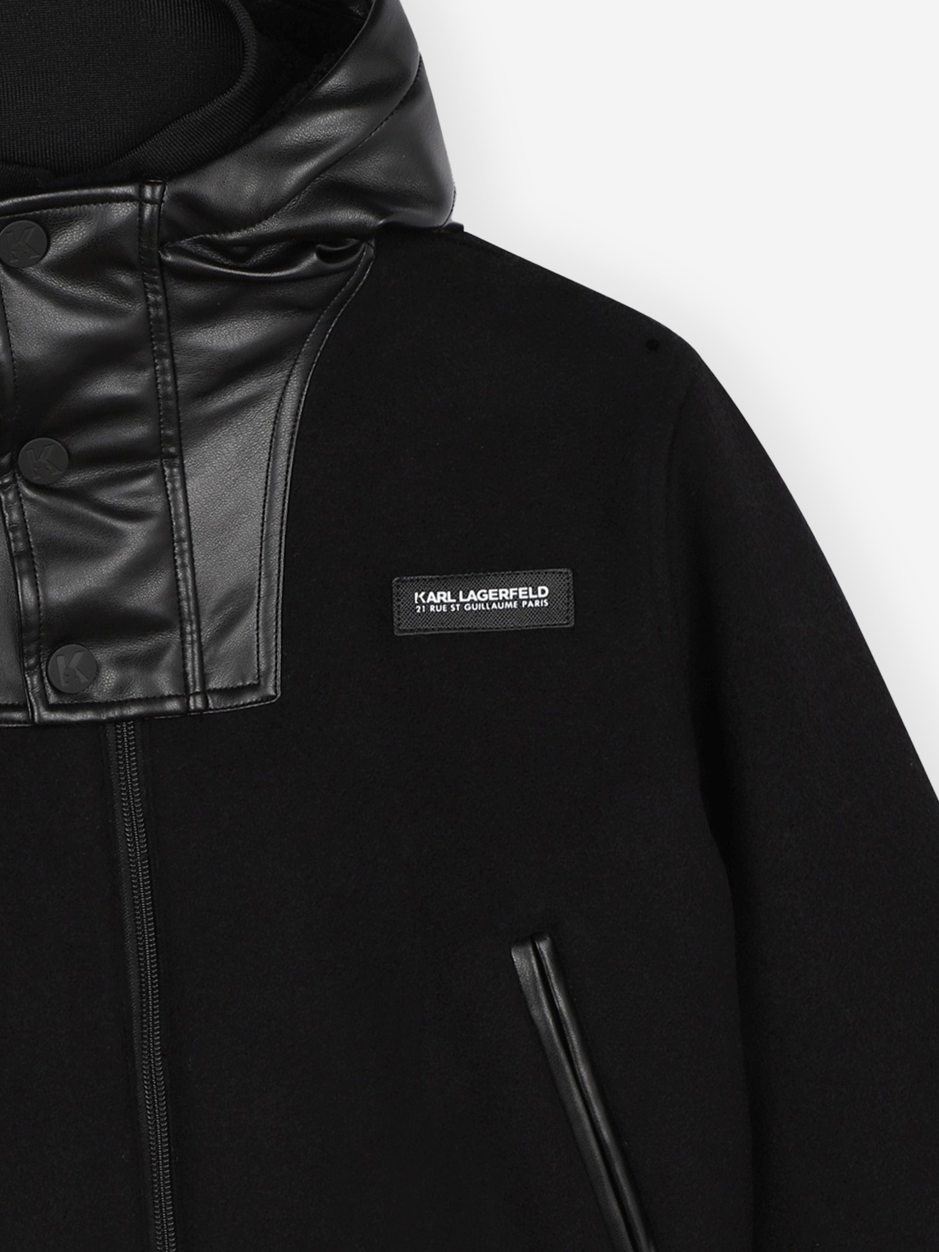 Karl Lagerfeld Boys Mixed Fabric Hooded Jacket in Black