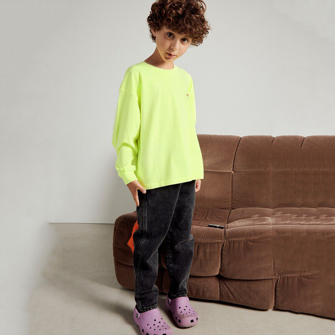 Boys & Girls Fluo Yellow Logo Cotton T-Shirt
