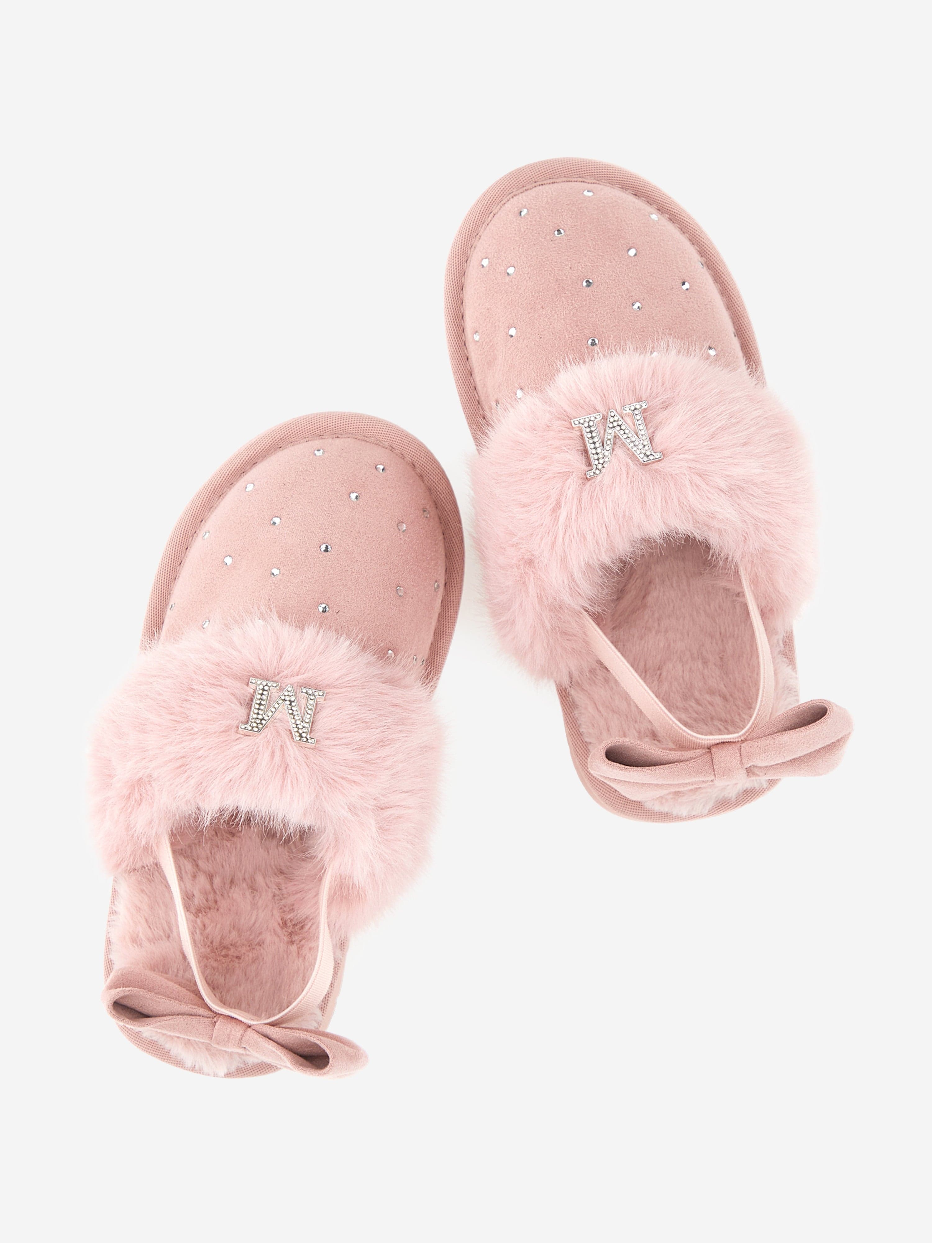 Monnalisa Girls Suede Slippers With Rhinestones in Pink