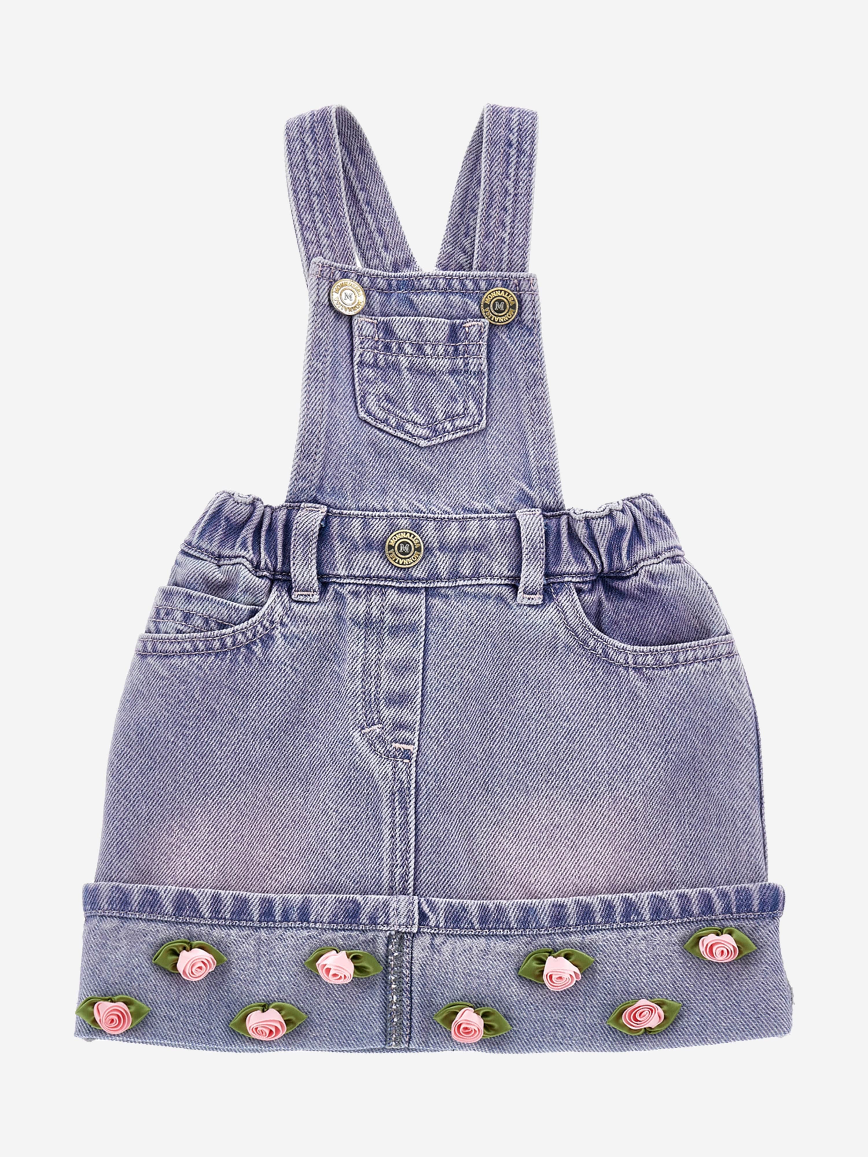 Baby Girls Rose Denim Dungaree Dress in Blue